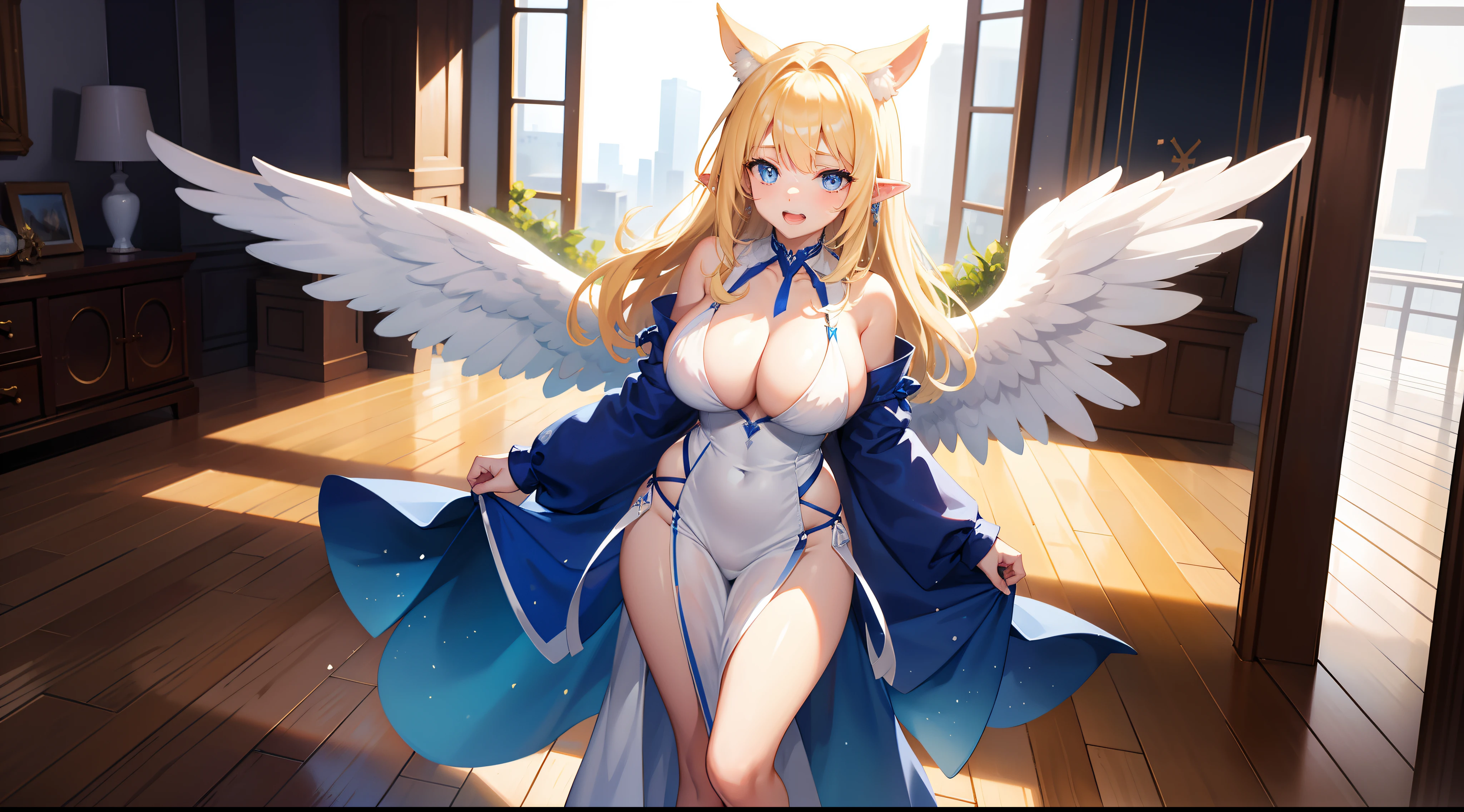 angel girl, Angel wings on the back, white dresses, Pale skin, blue color eyes, hor ears, nase, with her mouth open, ssmile, Blonde hair, Neck strap, bshoulders, Bigchest, Arms, hason, thin waist, thick leg, upper legs, Feet, Flooring, standing