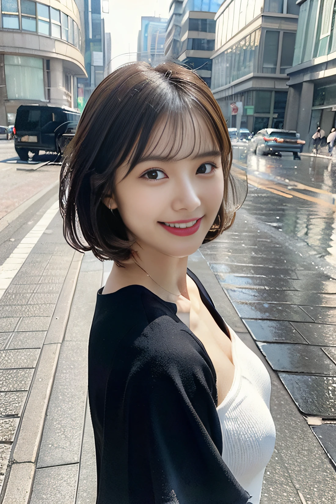 ((Best Quality, 8K, Masterpiece:1.3)), Focus: 1.2, Perfect Body Beauty: 1.4, Buttocks: 1.2, ((Layered Haircut, Breasts: 1.2)), (Wet Clothes: 1.1), (Rain, Street:1.3), Bandeau Dress: 1.1, Highly Detailed Face and Skin Texture, Fine Eyes, Double Eyelids, Whitening Skin, Long Hair, (Shut Up: 1.3), Smile