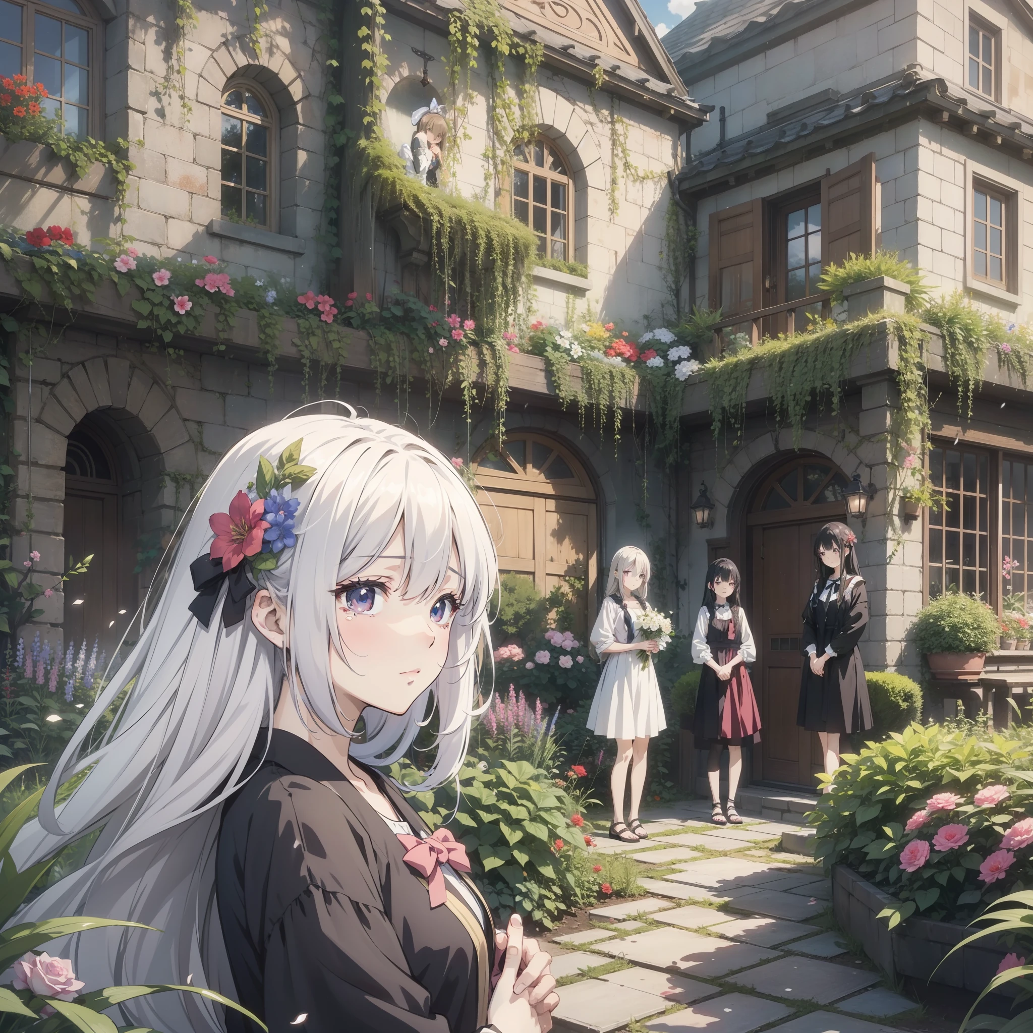 Five beautiful women standing in the garden crying（People in a row 1.3）（Crying expression 1.5）（Tearful eyes1.5）（Tears 1.5）（Garden 1 in the background.5）（Flower 1.5）（Full body display 1.5）（Girl1.8）style of anime4 K，Anime rendering，style of anime。8K，（Cinematic lighting 1.5）（Master masterpieces：1.4）（Ultra-high detail1.5）（Best quality1.5）