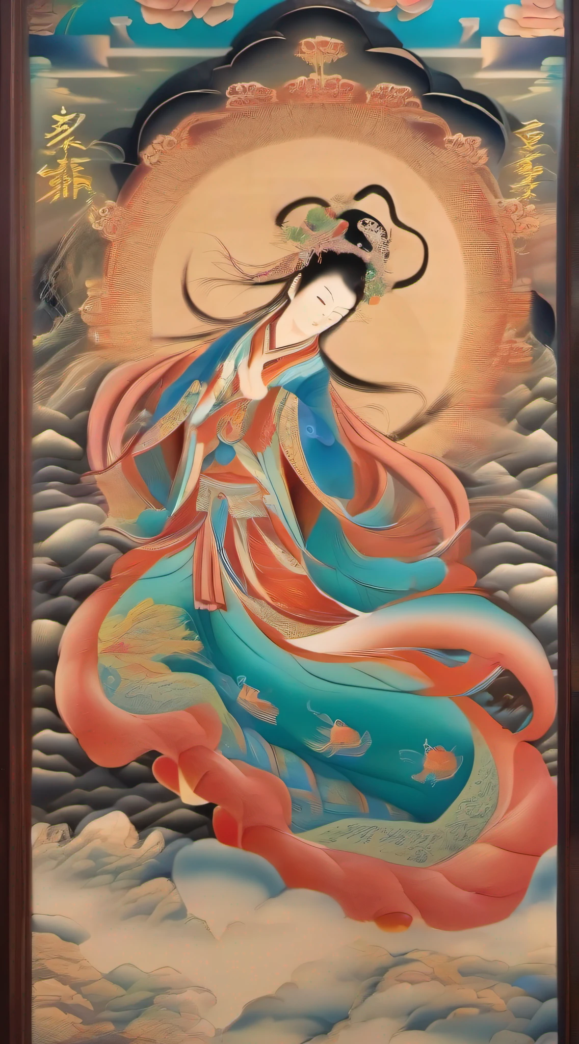 Chinese Dunhuang mural style,Flying chart,Dunhuang murals are strengthened,Rich Dunhuang colors,Bright colors,Flying,The sky is full of light,Colorful auspicious clouds,Tyndall effect,Glow effects,Meticulous,Realism is popular, Xu Beihong style,8K,tmasterpiece,super-fine,best qualtiy,8K,tmasterpiece,Works of masters,Detailed pubic hair,Accurate,Epic shooting,(Look up:1.5)