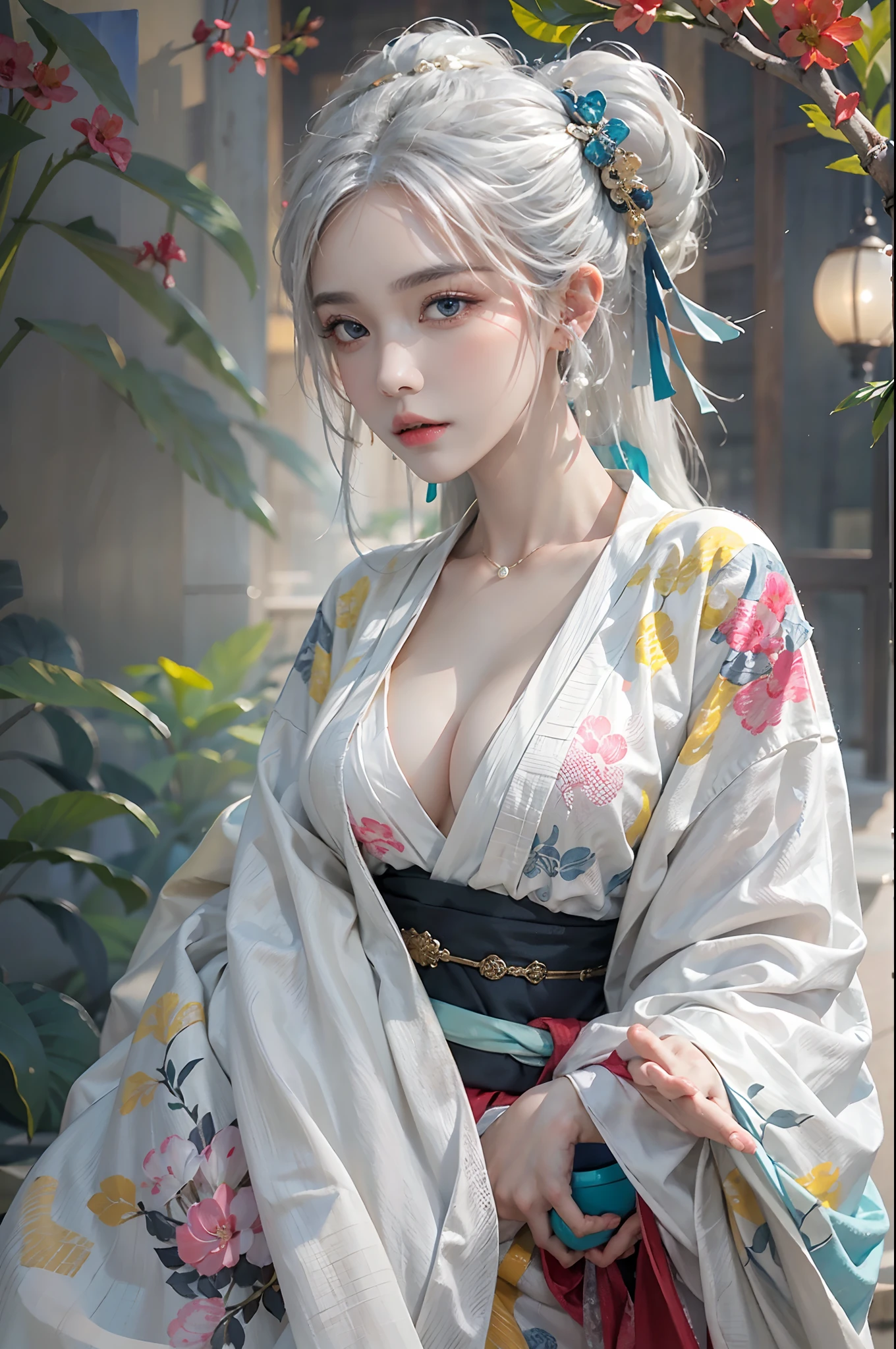 photorealistic, high resolution, colorful, color splash, splash, 1 girl, solo, hips up, beautiful eyes, white hair, medium breast, intricate brocade hanfu, gorgeous accessories, wearing pearl earrings