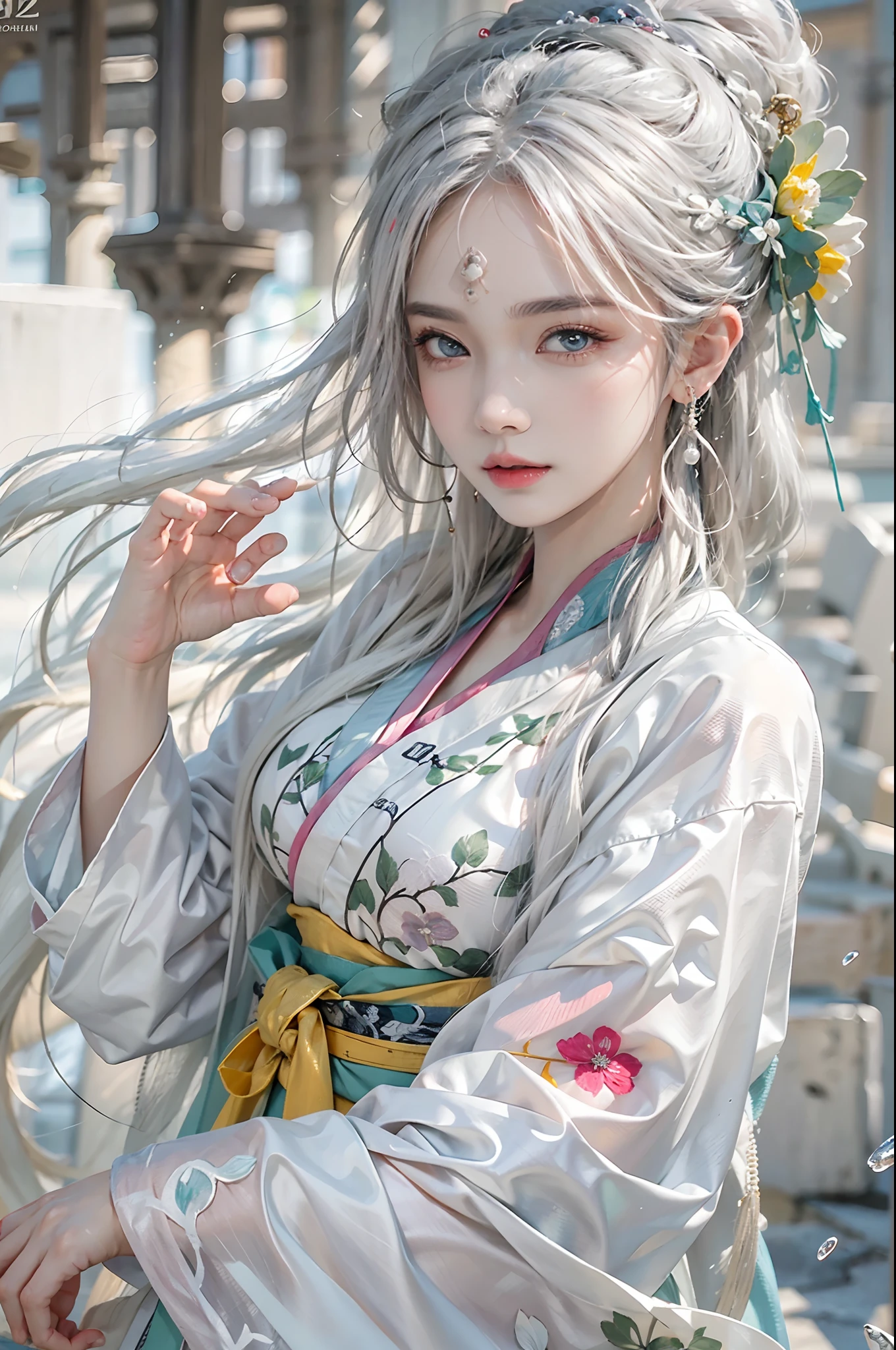 photorealistic, high resolution, colorful, color splash, splash, 1 girl, solo, hips up, beautiful eyes, white hair, medium breast, intricate brocade hanfu, gorgeous accessories, wearing pearl earrings