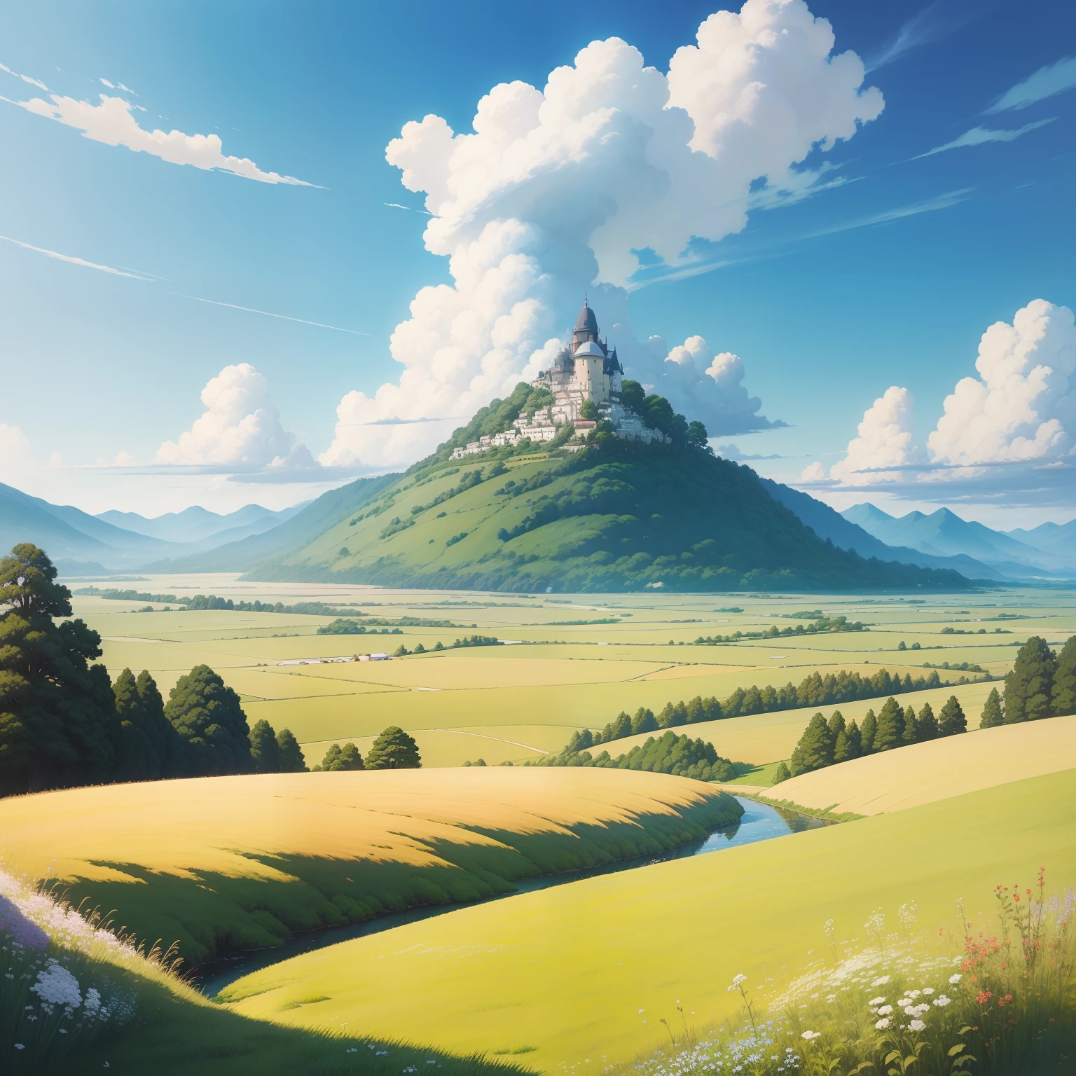 Realistic, authentic, beautiful and amazing landscape oil painting Studio Ghibli Hayao Miyazaki&#39;s petal grassland with blue sky and white clouds --v6