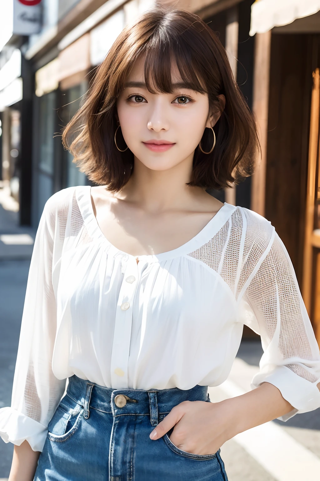 (8k, RAW photos, top quality, masterpiece: 1.2), ultra detailed, super resolution, (real, real photos: 1.37), portraits, high definition RAW color photos, professional photos, very detailed and beautiful, highly detailed, 8k wallpapers, amazing details, huge file size, official art, highly detailed CG Unity 8k wallpapers, highly detailed beautiful girls, highly detailed facesHighly detailed eyes, highly detailed skin, highly detailed fingers, highly detailed nose, highly detailed mouth, perfect anatomy, highly detailed background, highly detailed clothing, one girl, (18:1.2), teen, cute girl, famous Japan idol, cute, realistic body, petite, white skin, radiant skin, slim body, handsome body, brown hair, short curly hair, (blunt bangs: 1.2) , smile, cute, youthful, pretty face, realistic face, delicate eyes, sagging eyes, white shirt, skirt, earrings, camera gaze, cowboy shot, front-facing, standing, contrappost, high street, dynamic lighting,