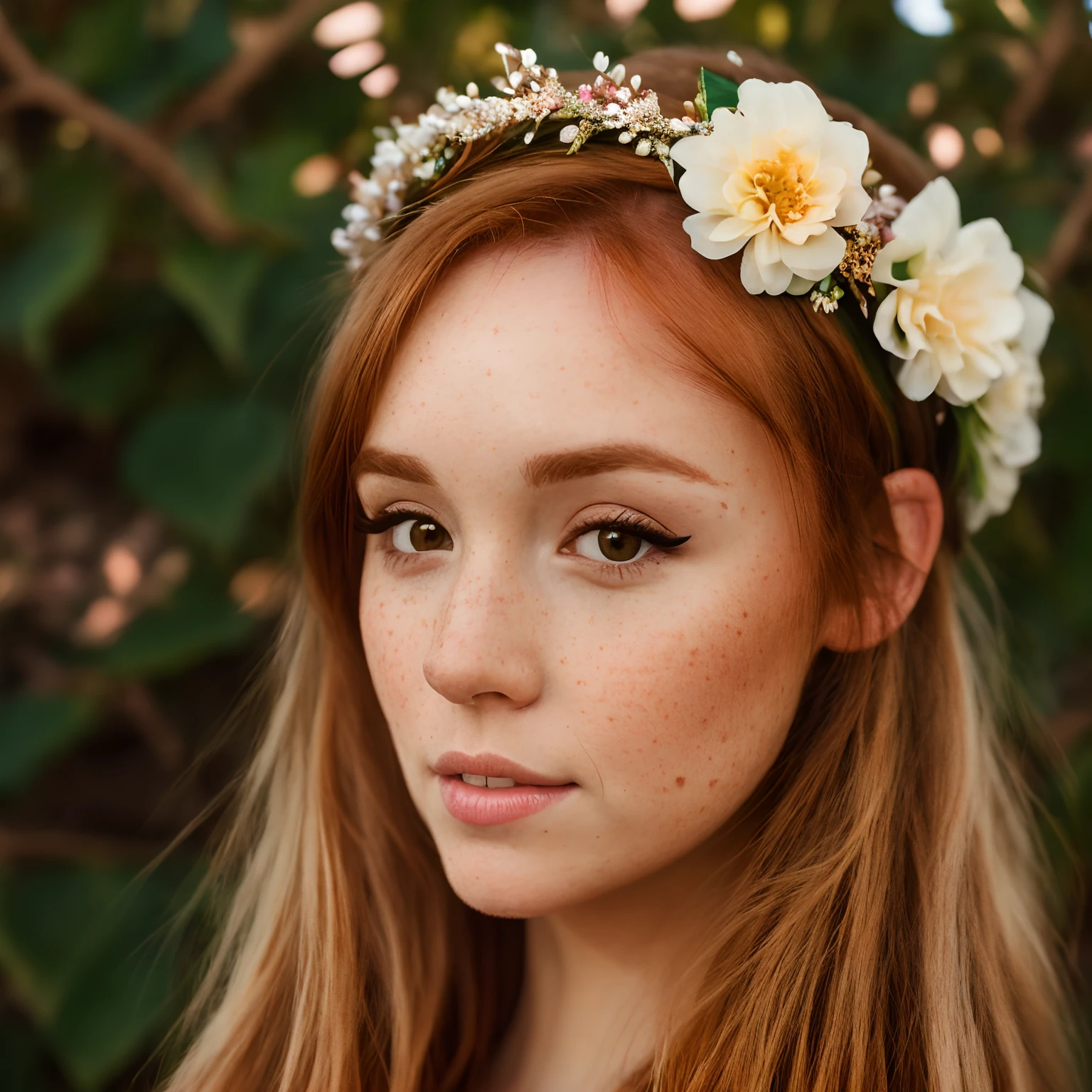A portrait of cute redhead Flavia Sayuri, freckles, eyeliner, face focus, cute face, wearing a flower crown, head tilt, eye contact, photorealistic, hyperrealism, ultra detailed, sharp contrast, high resolution, masterpiece, best quality, detailed background