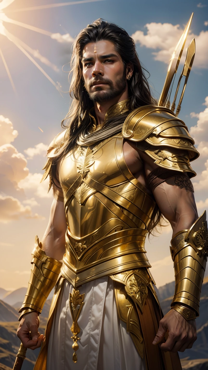 A handsome (traditional) (white skin) warrior hold a ((gold or wooden)) bow and arrows, (heavy bow), wearing a perfect fit armor, golden glowing armor, ((luminous armor)) and traditional white (dhoti). full body portrait in a warfield. sun in background. ((Long : 0.3)) black hair. Looming golden power around him body. bow in him hand's, realistic face, uhd ,4k details