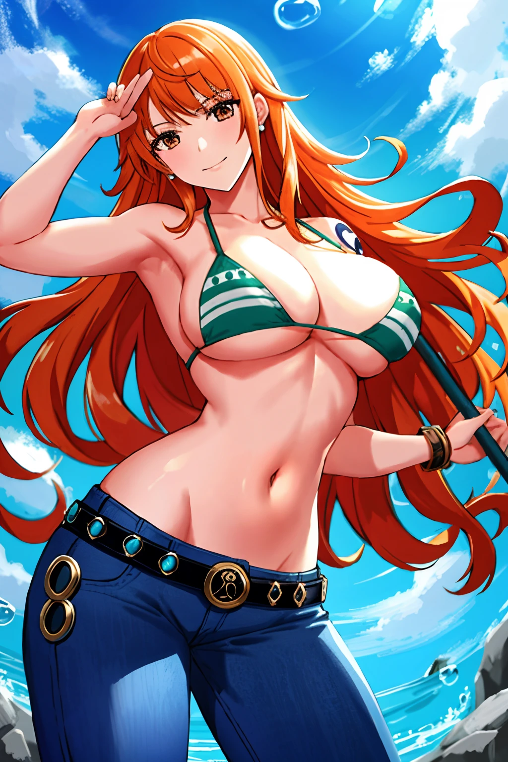 detailed background, masterpiece, best quality, 1girl, solo, nami \(one piece\), 1girl, bangle, detailed arms, muscular body, wrestling entrance, bangs, bare shoulders, belt, bikini, bikini top only, blue sky, bracelet, breasts, brown eyes, bubble, cleavage, cloud, cowboy shot, day, denim, earrings, floating hair, green belt, green bikini, groin, jeans, jewelry, large breasts, log pose, long hair, looking at viewer, navel, orange hair, pants, shoulder tattoo, sidelocks, sky, smile, solo, standing, stomach, swimsuit, tattoo , looking at viewer, fight pose
