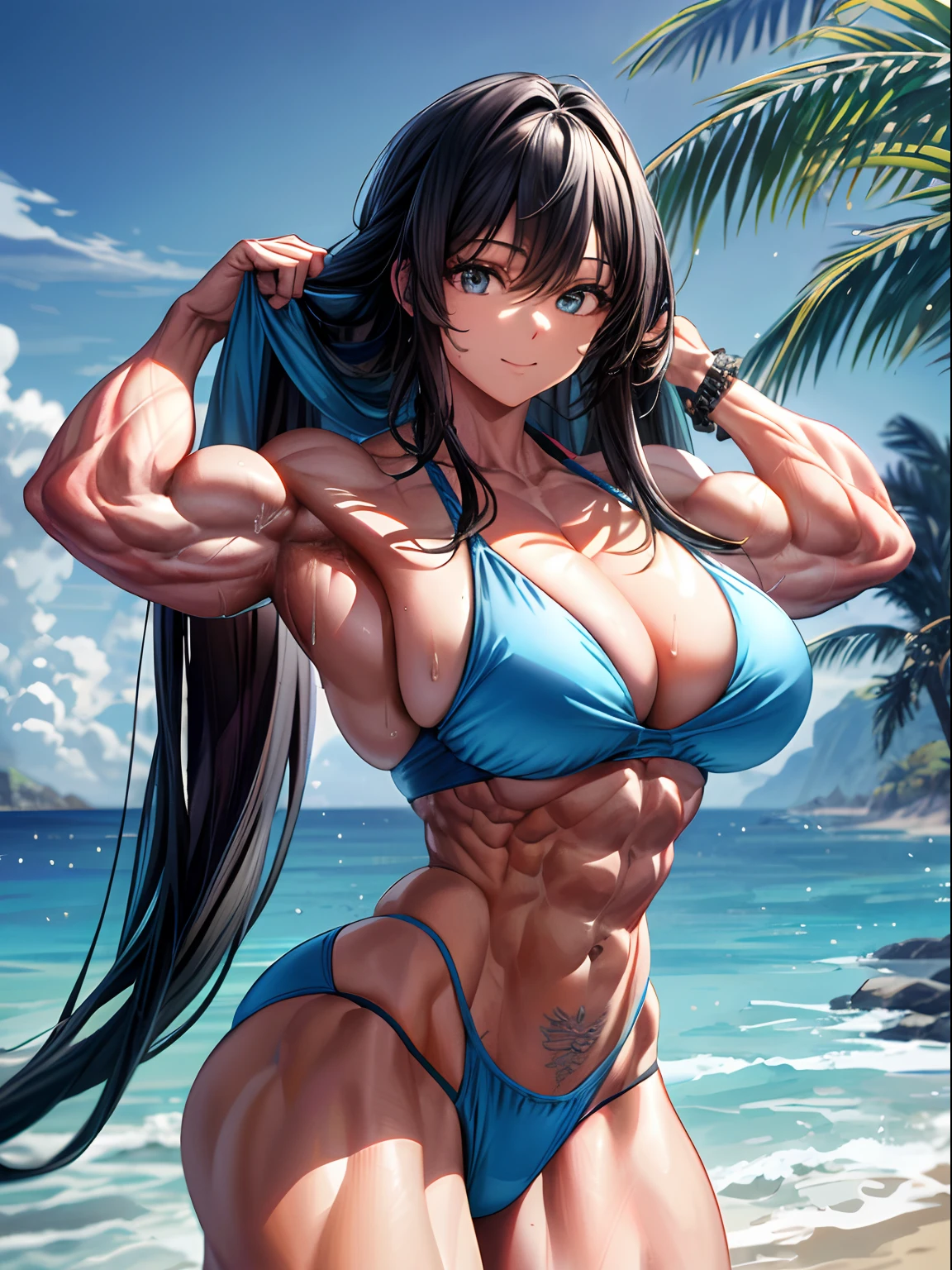 (BEST lighting) , (ultra intricately detailed) , 4K unification, (super-detailed CG: 1.2) , (8K: 1.2),(Original), (Masterpiece) , (Best quality),(Masterpiece:1.4),Anime-ish high quality,(Masterpiece),Masterpiece, Best quality, absurderes,((masterpeace, 4K, 8K, Yes, A high resolution))1girll,ssmile, She was on the beach,Go to the beach, Swimsuit bra, Spring, , Perfect figure, Very robust,Long blue hair for a shawl, Sweat, Dynamic pose, ((body builder:1.5)),Temple background,(Beautiful bace),(Girl),(Female),(((Upper body:1)))