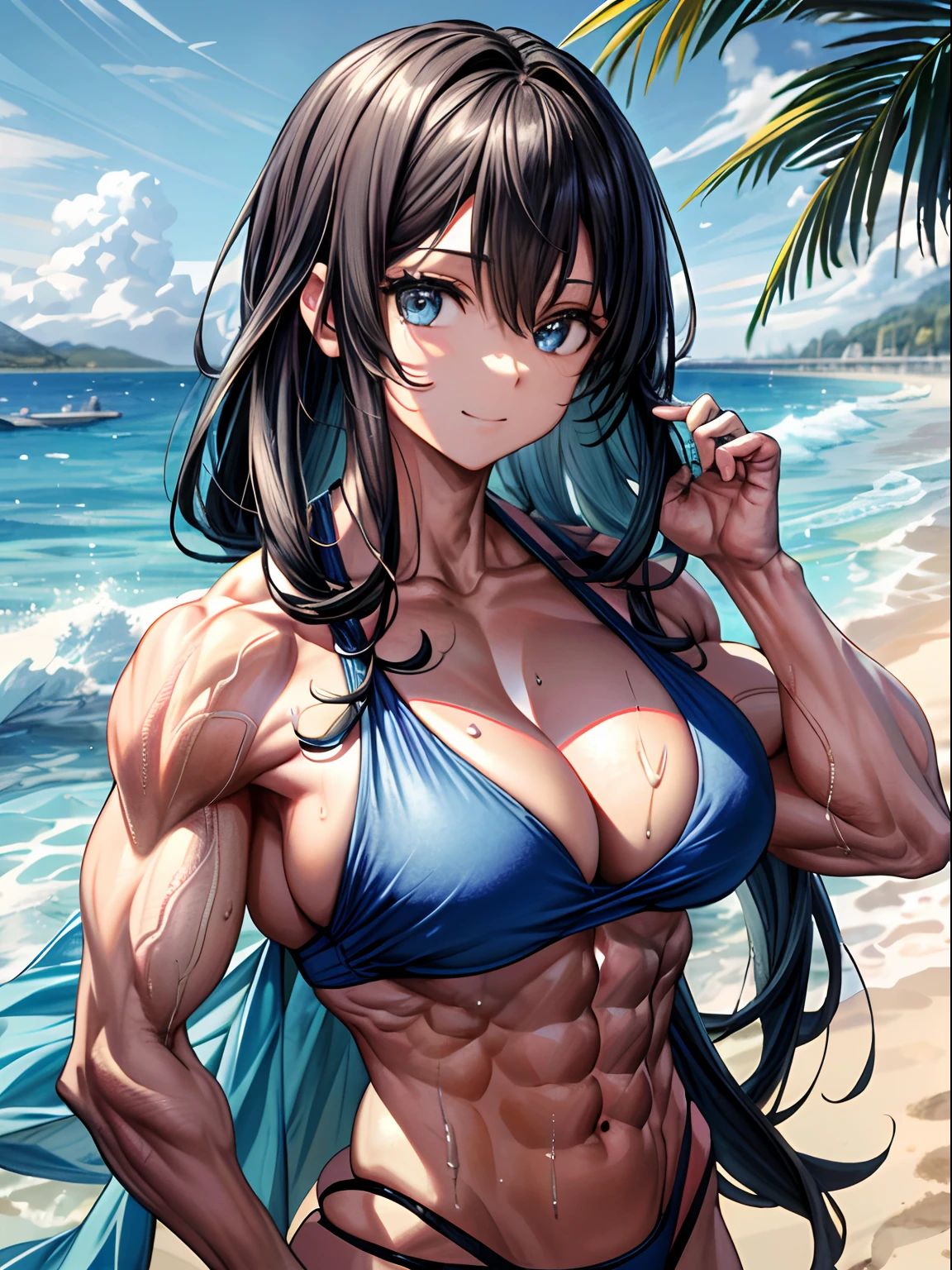 (BEST lighting) , (ultra intricately detailed) , 4K unification, (super-detailed CG: 1.2) , (8K: 1.2),(Original), (Masterpiece) , (Best quality),(Masterpiece:1.4),Anime-ish high quality,(Masterpiece),Masterpiece, Best quality, absurderes,((masterpeace, 4K, 8K, Yes, A high resolution))1girll,ssmile, She was on the beach,Go to the beach, Swimsuit bra, Spring, , Perfect figure, Very robust,Long blue hair for a shawl, Sweat, Dynamic pose, ((body builder:1.5)),Temple background,(Beautiful bace),(Girl),(Female),(((Upper body:1)))