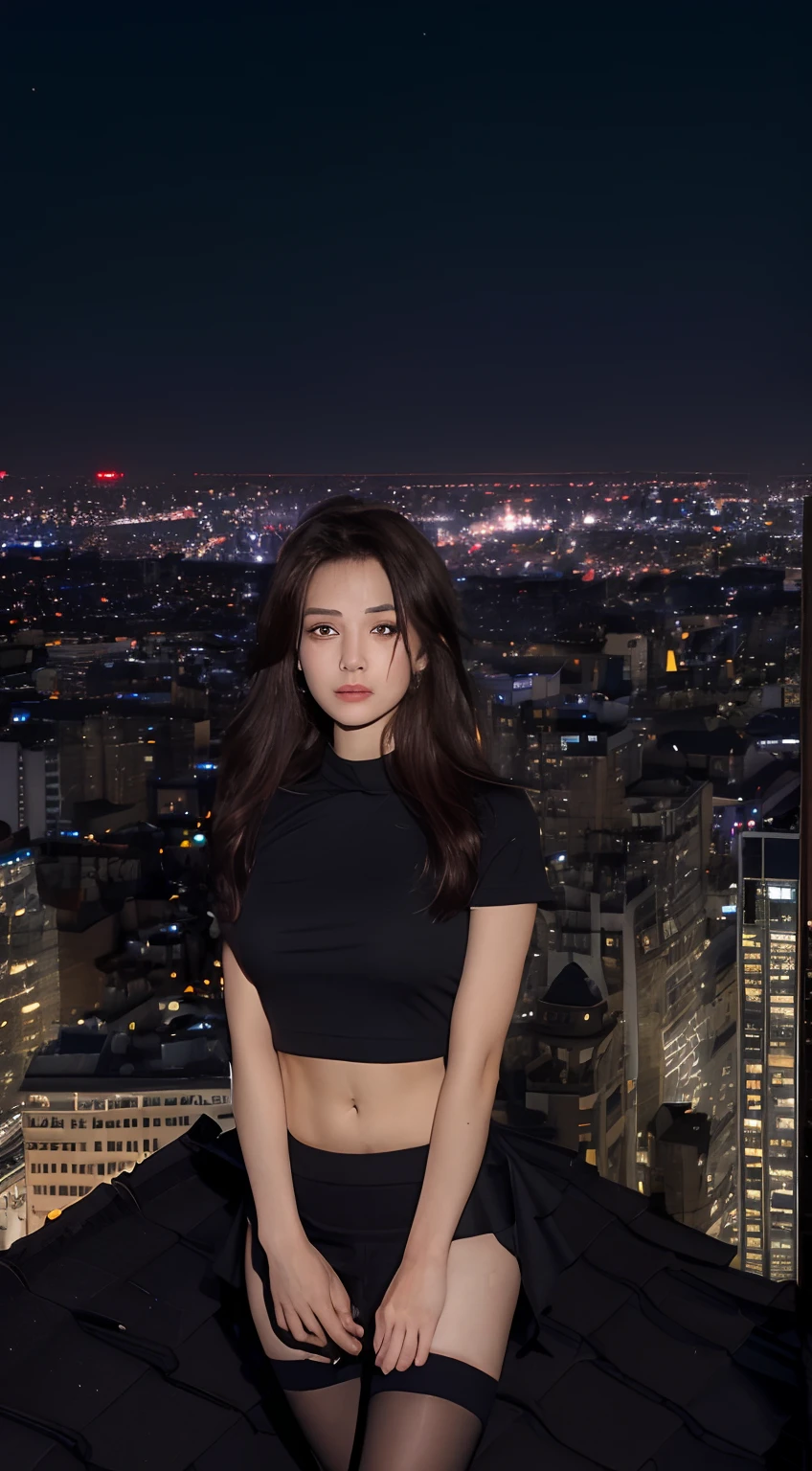((midynight, Need, 8K, tmasterpiece:1.3)), full bodyesbian, Long legs, revealing the whole body,Focalors:1.2, perfect figure beautiful woman:1.4, Slim abs:1.1, ((Dark brown hair, huge tit:1.2 )), (white tight t-shirt, Skirt that wraps hips,black lence stockings,Flat strap heel stand:1.2), ((city night scene, the roof:1.3)), Highly detailed facial and skin texture, A detailed eye, 二重まぶた,symetrical eyes,True details of the face