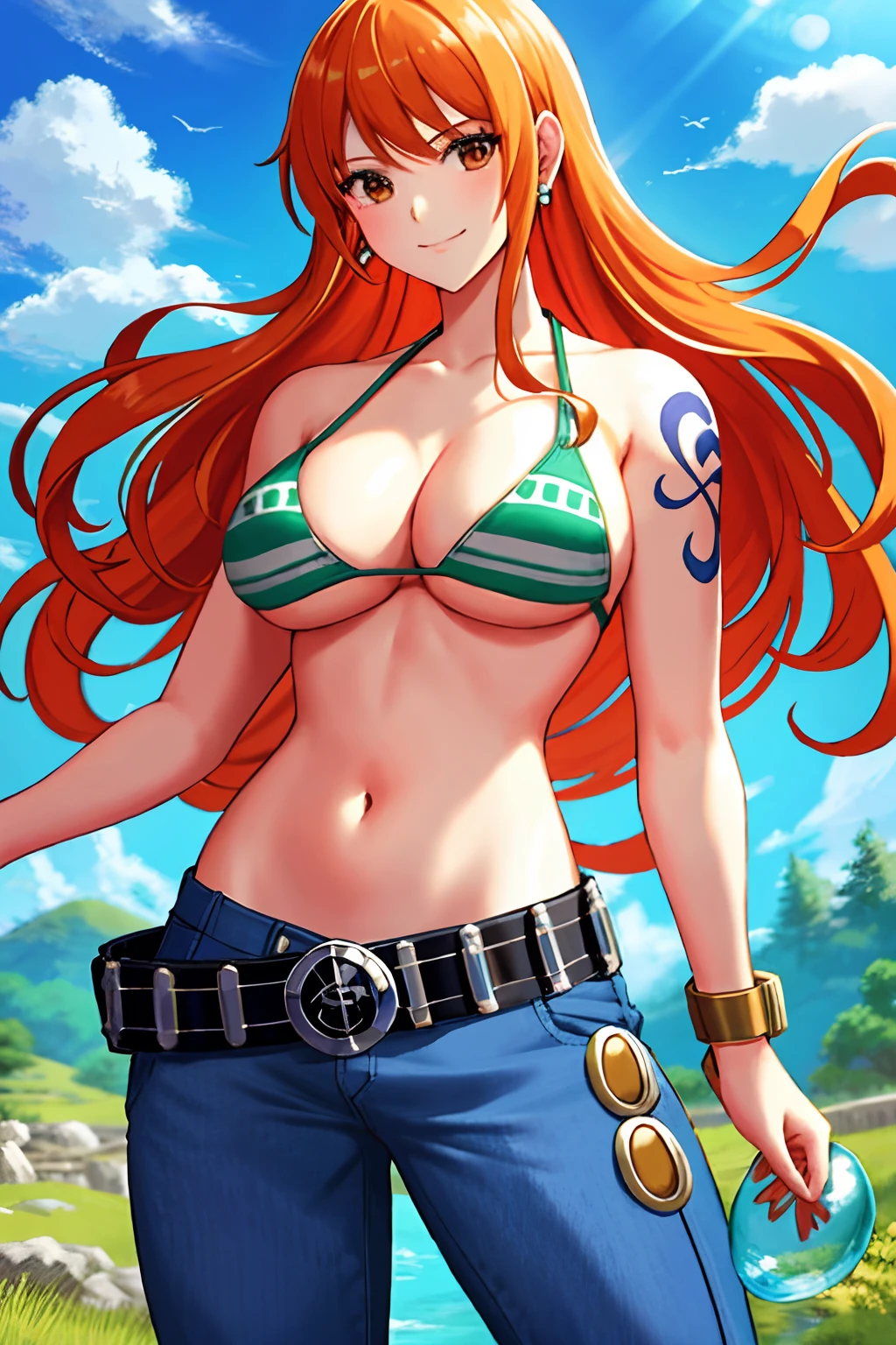 detailed background, masterpiece, best quality, 1girl, solo, nami \(one piece\), 1girl, bangle, detailed arms, muscular body, wrestling entrance, bangs, bare shoulders, belt, bikini, bikini top only, blue sky, bracelet, breasts, brown eyes, bubble, cleavage, cloud, cowboy shot, day, denim, earrings, floating hair, green belt, green bikini, groin, jeans, jewelry, large breasts, log pose, long hair, looking at viewer, navel, orange hair, pants, shoulder tattoo, sidelocks, sky, smile, solo, standing, stomach, swimsuit, tattoo , looking at viewer, fight pose