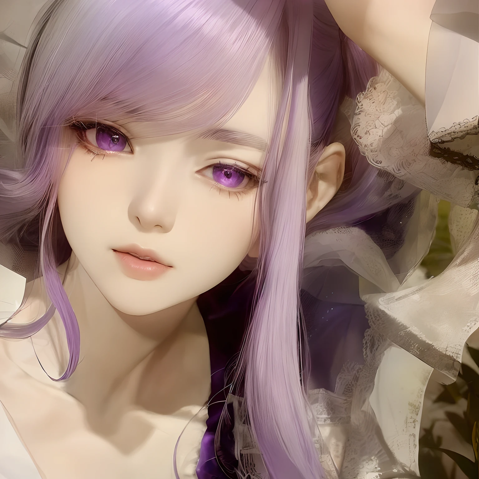Close-up of a woman with purple hair and a blue blouse, Anime girl in real life, she has purple hair, belle delphine, sakimichan, white hime cut hairstyle, long light purple hair, Lilac hair, lavender hair, pale porcelain white skin, violet long hair, pale skin and purple eyes, purple flowing hair, purple skin color