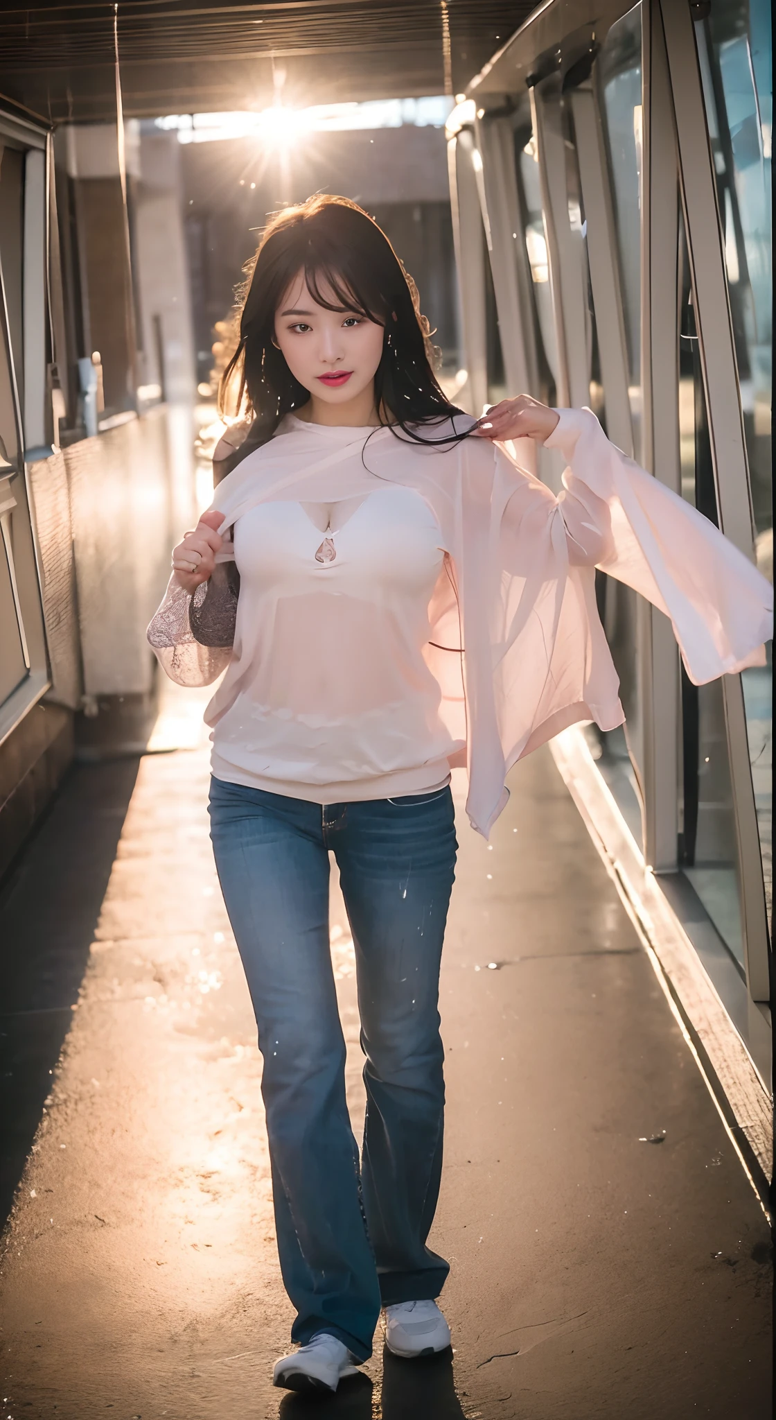 (Top Quality, 8k, RAW Photos, Masterpieces, Intricate Details: 1.4), Photorealistic: 1.3, 1 Beauty, Small Face: 1.4, Detailed Focus, Detailed and Beautiful Face, Detailed Double, Detailed Fingers, Detailed Legs, Detailed Skin, (Sweaty and Wet Skin, Tear Bags: 1.2), (Large Breasts: 1.2), (Location: Relaxation Salon Sit on the bed, Spread Your Legs: 1.2), ( Dark red lace underwear, wet bikini: 1.2), (looking at the camera, from below)