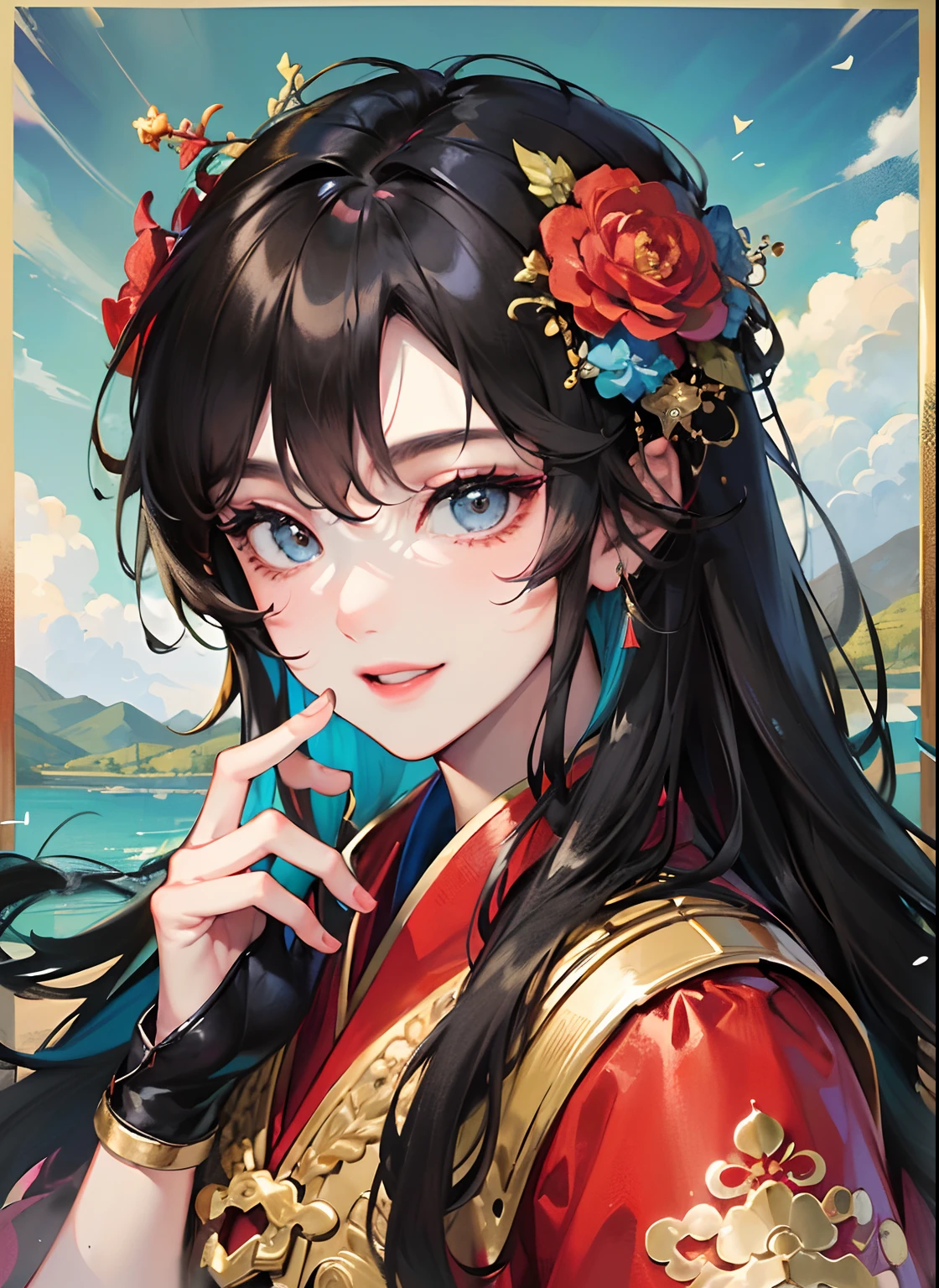 Best quality,tmasterpiece,A high resolution,Boys and Men,(Long messy black hair),Turquoise eyes,flatchest,masculine features,Flower fairy,Wearing a red Chinese gauze dress,Golden bells,Coquettish,In the background is a river,Smiling,Face portrait。(Face portrait)。