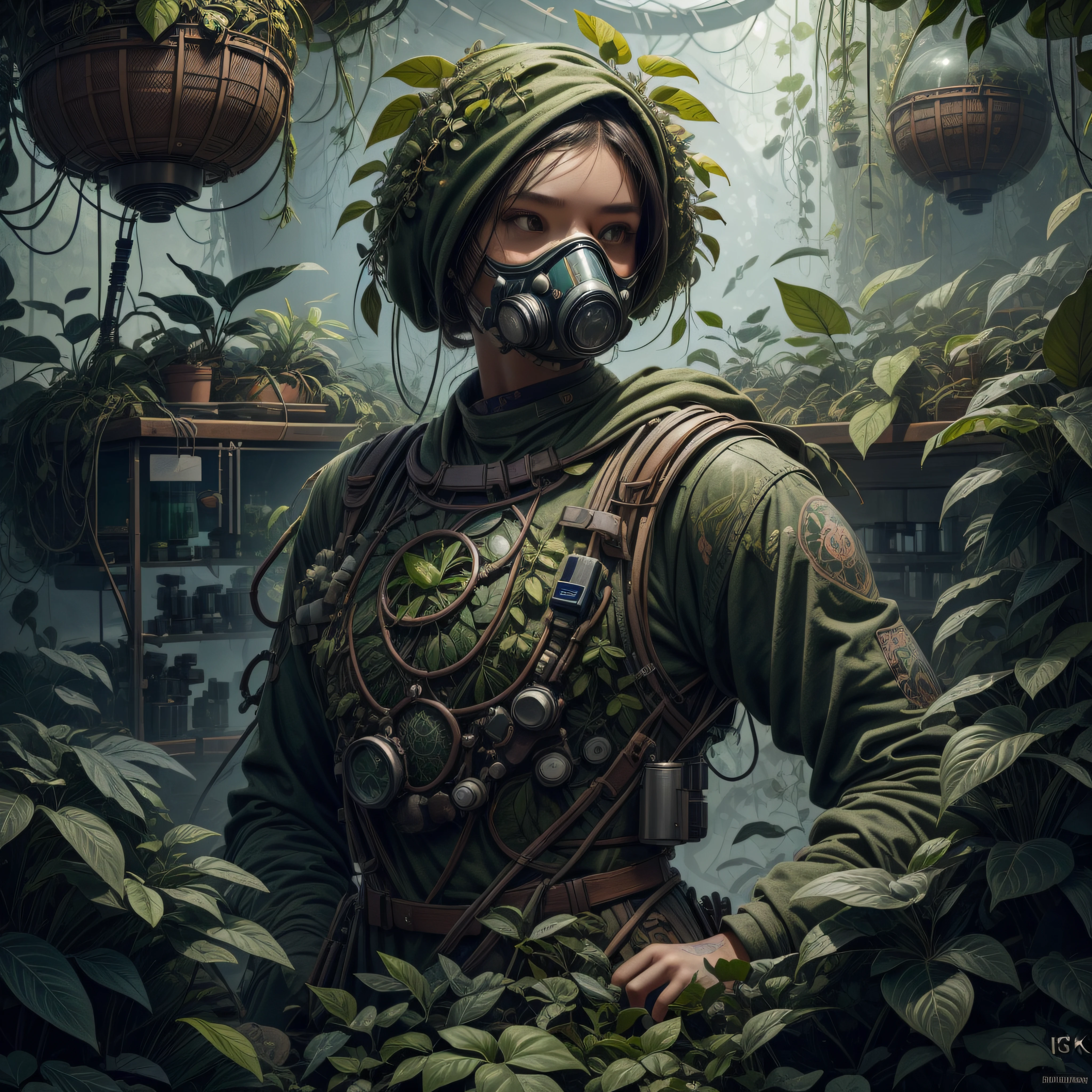 a world of people made of overgrown biographic science lab, plants fragments, girl wearing a full face cover big gas mask, high detailed, tattoo design, in a old biographic lab, biophilic design, 8k, 16k, mechanic girl, illustrate, biology, science, bio tech, full body