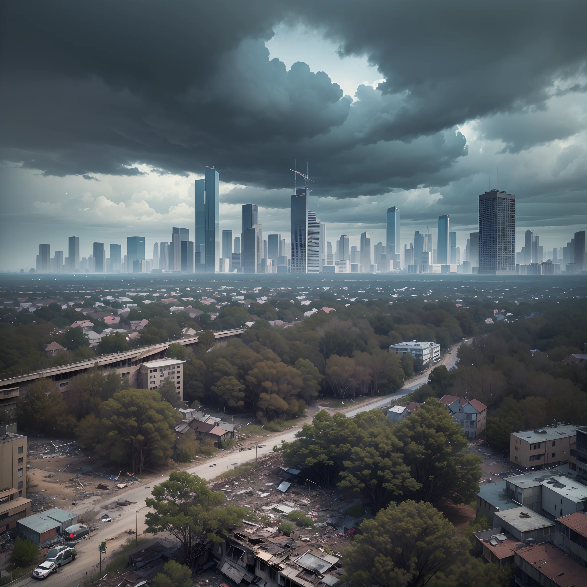 Generate a wide-angle image portraying a cityscape in the aftermath of an apocalypse. The city sprawls before you, a haunting panorama of crumbling skyscrapers, twisted metal, and shattered glass. Nature has begun to reclaim the urban landscape, with vines snaking up the sides of buildings and trees growing through cracked roads. The sky above is a canvas of ominous grays and purples, hinting at the devastation that unfolded. At the center of the frame, a lone figure stands atop a decaying bridge, gazing out at the altered horizon, capturing the somber grandeur of a world forever transformed. --auto --s2