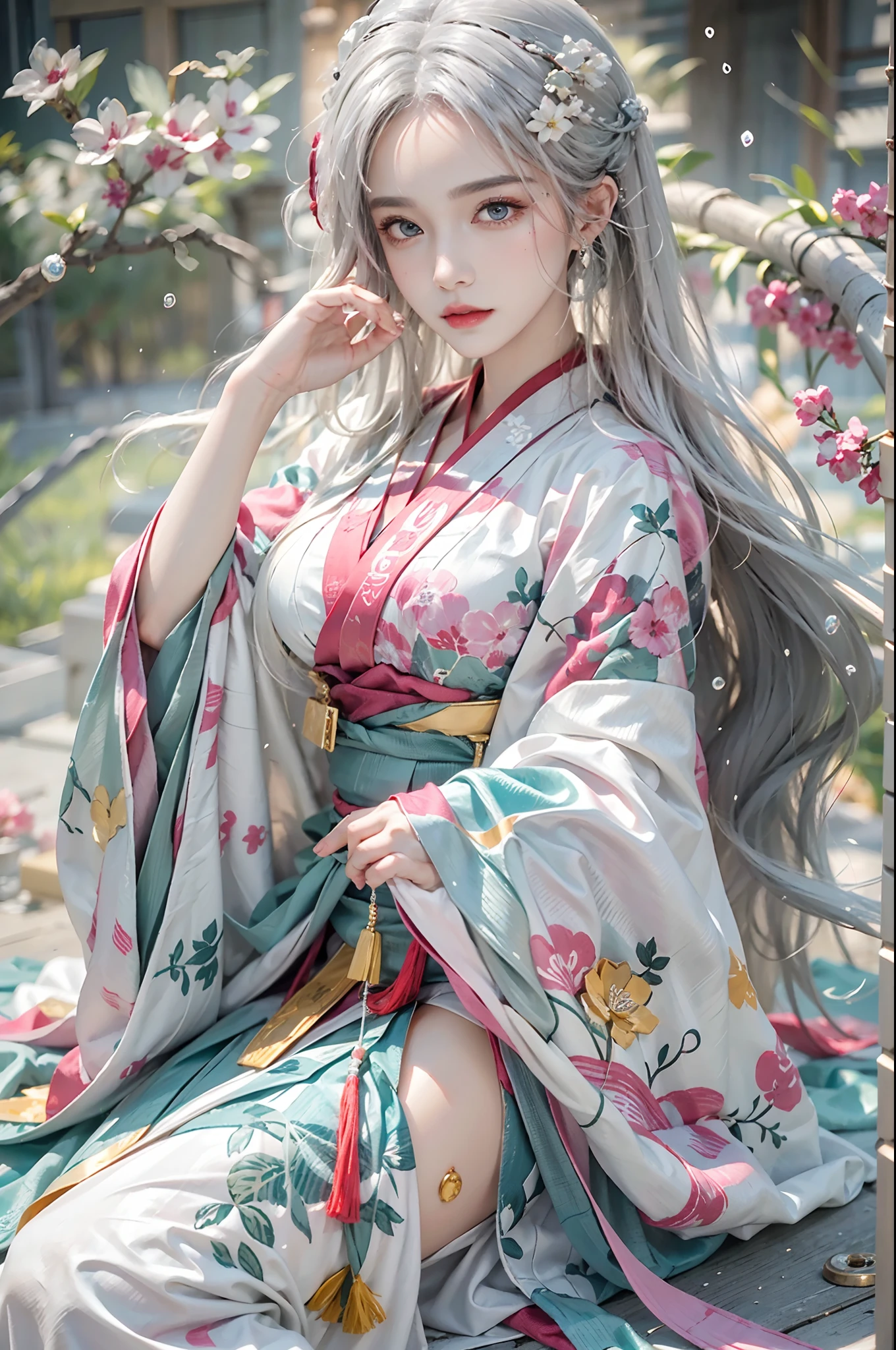 photorealistic, high resolution, colorful, color splash, splash, 1 girl, solo, hips up, beautiful eyes, white hair, medium breast, intricate brocade hanfu, gorgeous accessories, wearing pearl earrings