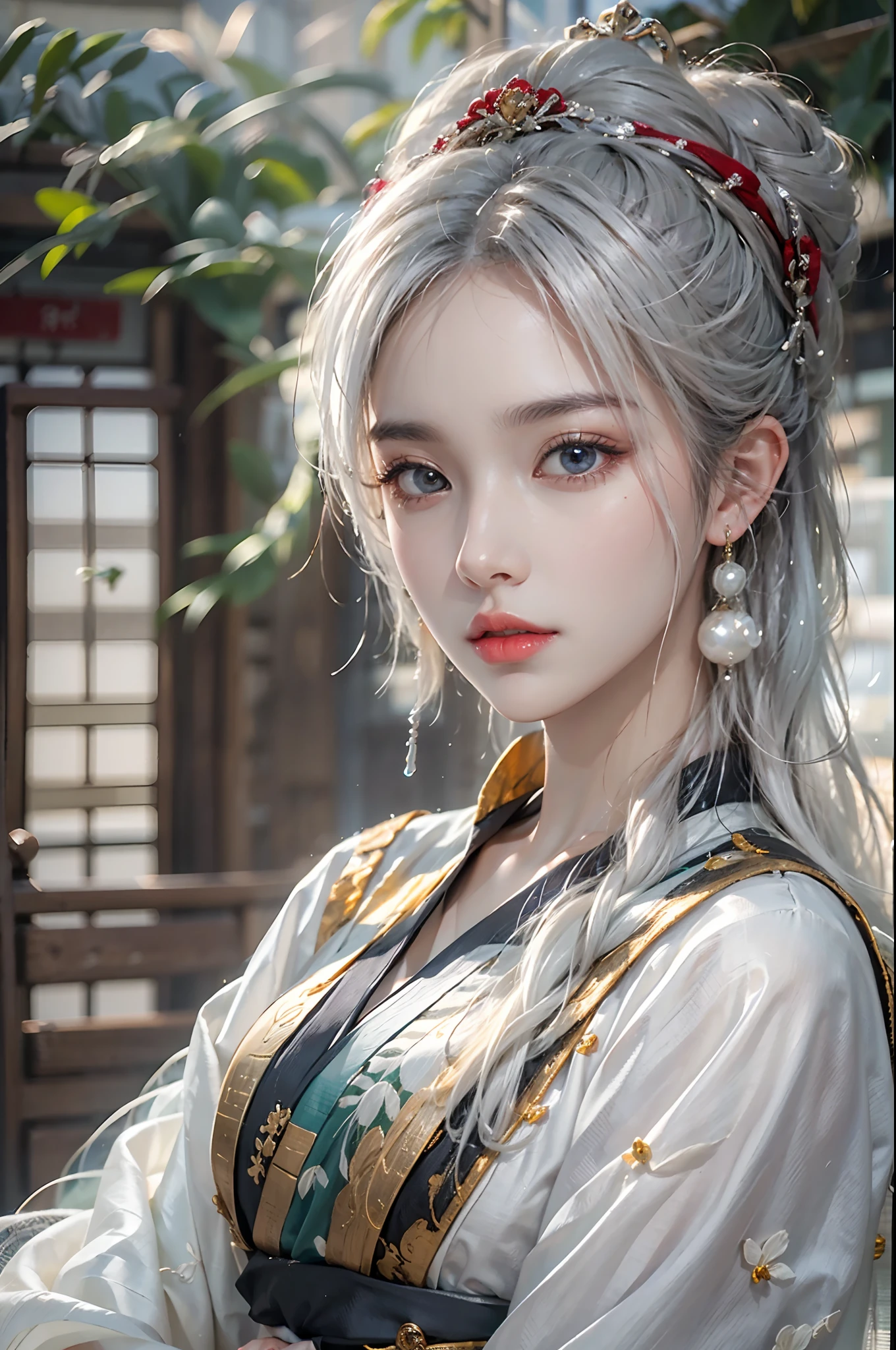 photorealistic, high resolution, colorful, color splash, splash, 1 girl, solo, hips up, beautiful eyes, white hair, medium breast, intricate brocade hanfu, gorgeous accessories, wearing pearl earrings