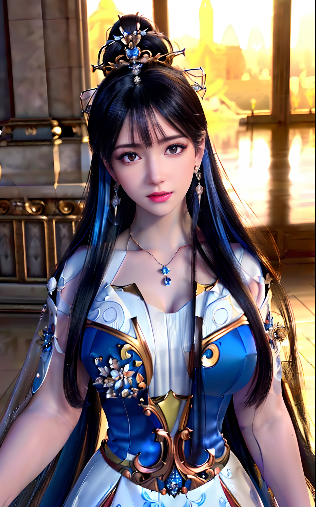 ((realisticity: 1.2)), ((realistic: 8K UHD)), ((best resolution: 8K UHD)), hyper detailed, best quality,masterpiece,highres,cg,
((1 hyper detailed and hyper realistic girl)), ((very beautiful queen dazzling, hyper realistic, and hyper detailed)),((white skin, beautiful, smooth, youthful, hyper realistic and hyper detailed
)), ((Hyper beautiful face, white, hyper realistic and hyper detailed)), long hair, ((hyper realistic and hyper detailed dress)), solo, ((hyper realistic, hyper beautiful, gorgeous and hyper detailed jewelry)), ((hyper beautiful, hyper realistic and hyper detailed dark red and golden yellow dress)),
((Hyper beautiful, hyper realistic, hyper detailed diamond filled earrings)),
  ((Hyper beautiful, hyper realistic and hyper detailed diamond filled hair ornament)), ((hyper beautiful upper body, hyper beautiful, hyper 
 realistic and hyper detailed)), ((big breasts: 2.5)), 
((Hyper grand, hyper realistic and hyper detailed royal palace backgroun))
((Hyper beautiful, hyper beautiful, hyper realistic and hyper detailed hair bun)), ((hyper beautiful, hyper realistic and hyper detailed blue hair)),
candid, Photograph, high resolution, 8k,Bokeh,