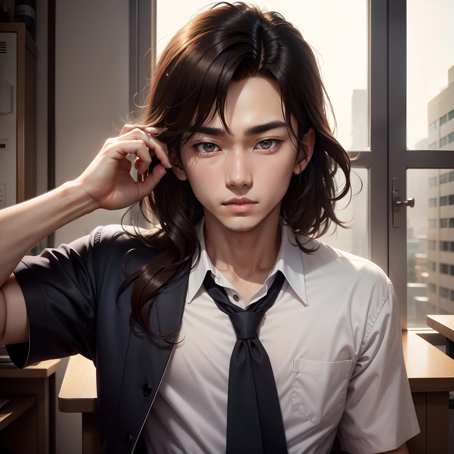 high school senior，schoolboy，Eyes on the forehead，Handsome。
