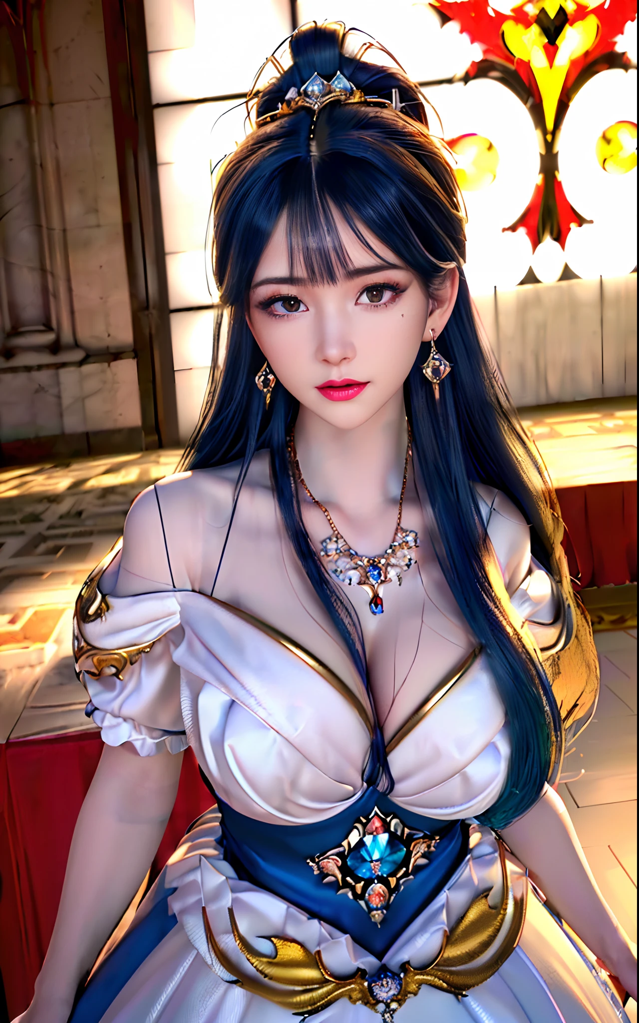 ((realisticity: 1.2)), ((realistic: 8K UHD)), ((best resolution: 8K UHD)), hyper detailed, best quality,masterpiece,highres,cg,
((1 hyper detailed and hyper realistic girl)), ((very beautiful queen dazzling, hyper realistic, and hyper detailed)),((white skin, beautiful, smooth, youthful, hyper realistic and hyper detailed
)), ((Hyper beautiful face, white, hyper realistic and hyper detailed)), long hair, ((hyper realistic and hyper detailed dress)), solo, ((hyper realistic, hyper beautiful, gorgeous and hyper detailed jewelry)), ((hyper beautiful, hyper realistic and hyper detailed dark red and golden yellow dress)),
((Hyper beautiful, hyper realistic, hyper detailed diamond filled earrings)),
((Hyper beautiful, hyper realistic and hyper detailed diamond filled hair ornament)), ((hyper beautiful upper body, hyper beautiful, hyper
realistic and hyper detailed)), ((big breasts: 2.5)),
((Hyper grand, hyper realistic and hyper detailed royal palace backgroun))
((Hyper beautiful, hyper beautiful, hyper realistic and hyper detailed hair bun)), ((hyper beautiful, hyper realistic and hyper detailed blue hair)),
candid, Photograph, high resolution, 8k,Bokeh,