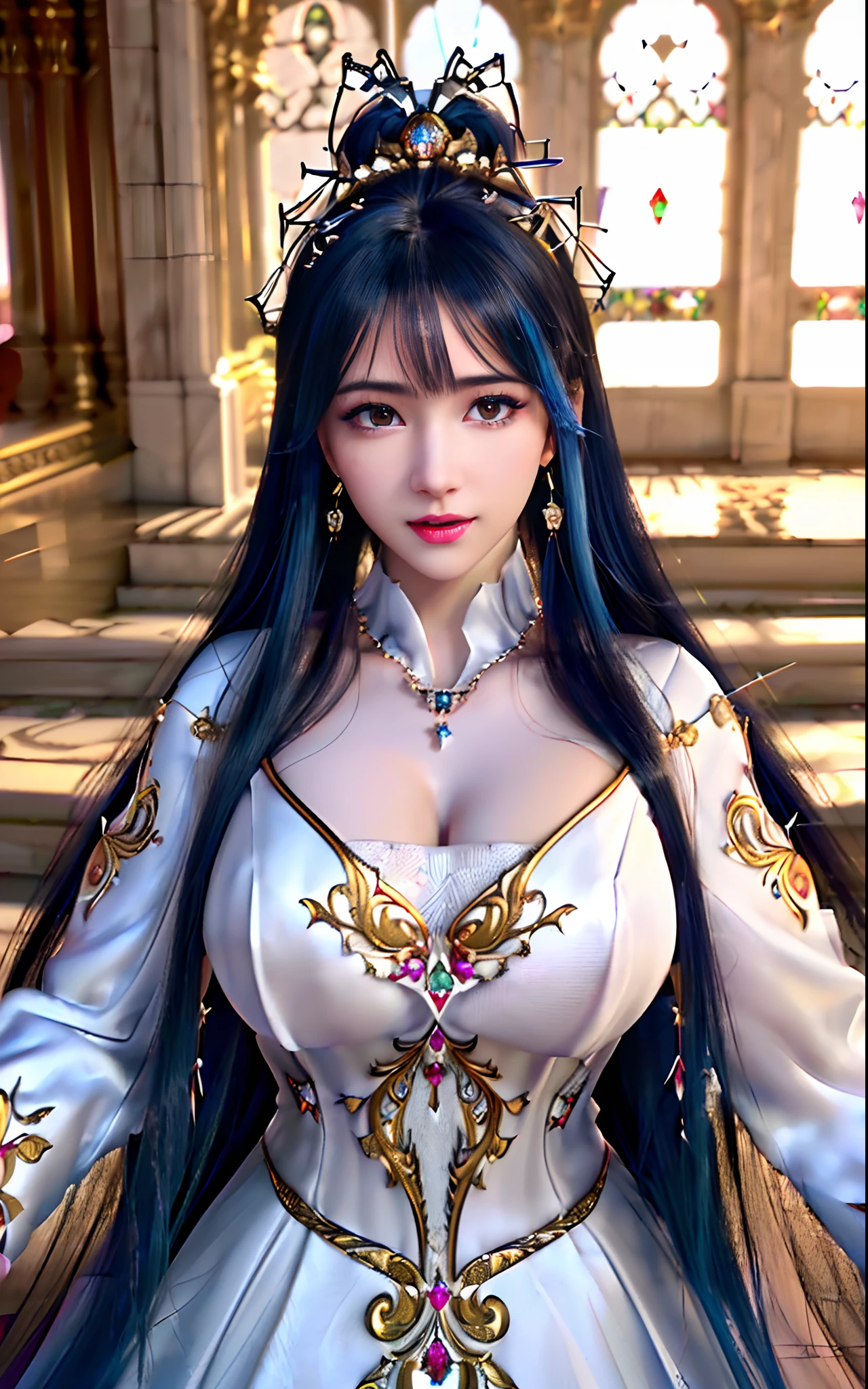 ((realisticity: 1.2)), ((realistic: 8K UHD)), ((best resolution: 8K UHD)), hyper detailed, best quality,masterpiece,highres,cg,
((1 hyper detailed and hyper realistic girl)), ((very beautiful queen dazzling, hyper realistic, and hyper detailed)),((white skin, beautiful, smooth, youthful, hyper realistic and hyper detailed
)), ((Hyper beautiful face, white, hyper realistic and hyper detailed)), long hair, ((hyper realistic and hyper detailed dress)), solo, ((hyper realistic, hyper beautiful, gorgeous and hyper detailed jewelry)), ((hyper beautiful, hyper realistic and hyper detailed dark red and golden yellow dress)),
((Hyper beautiful, hyper realistic, hyper detailed diamond filled earrings)),
((Hyper beautiful, hyper realistic and hyper detailed diamond filled hair ornament)), ((hyper beautiful upper body, hyper beautiful, hyper
realistic and hyper detailed)), ((big breasts: 2.5)),
((Hyper grand, hyper realistic and hyper detailed royal palace backgroun))
((Hyper beautiful, hyper beautiful, hyper realistic and hyper detailed hair bun)), ((hyper beautiful, hyper realistic and hyper detailed blue hair)),
candid, Photograph, high resolution, 8k,Bokeh,