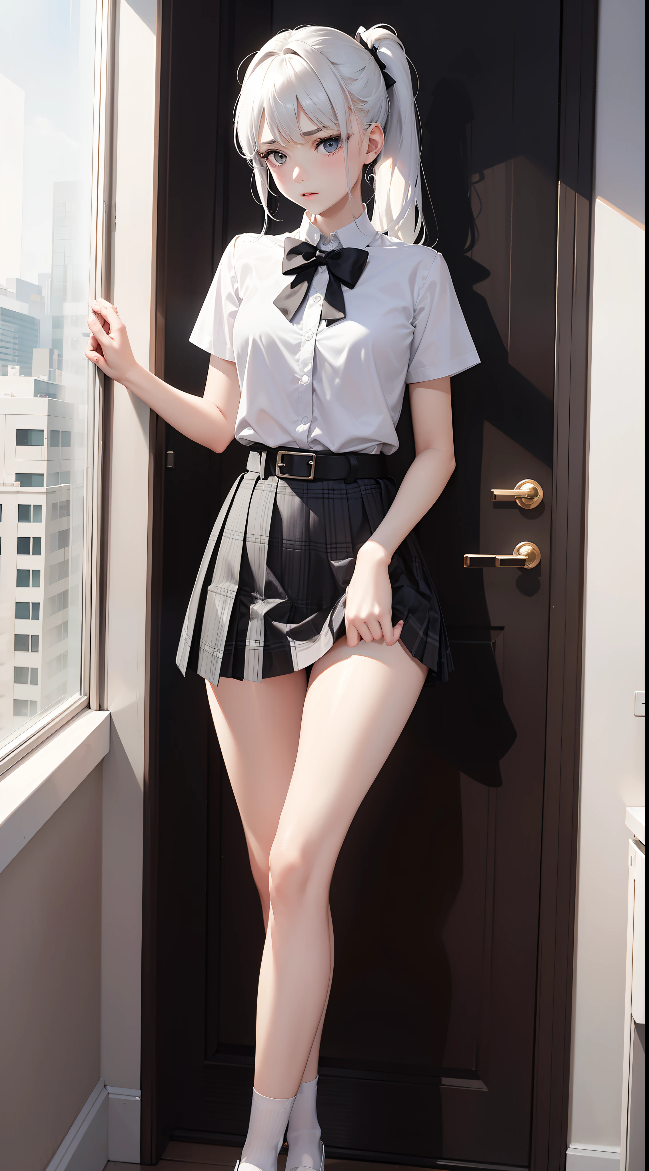 Comic style,High-quality characters,4k,1 girl and boy,exquisite facial features,Very white skin,Skinny body type,Thin legs,Thin leg,All-round light,Positive perspective,full bodyesbian,up-close,Small chest,Silver medium hair,Double ponytail hairstyle,By bangs,Delicate hair accessories,Clear short-sleeved shirt,exposing your navel,Bow tie,Black and white low-rise plaid pleated skirt,White belt,white stockings,The boy's lower body is pressed against the girl,The girl bent over the glass,Clothes are slightly damp,shyexpression。
