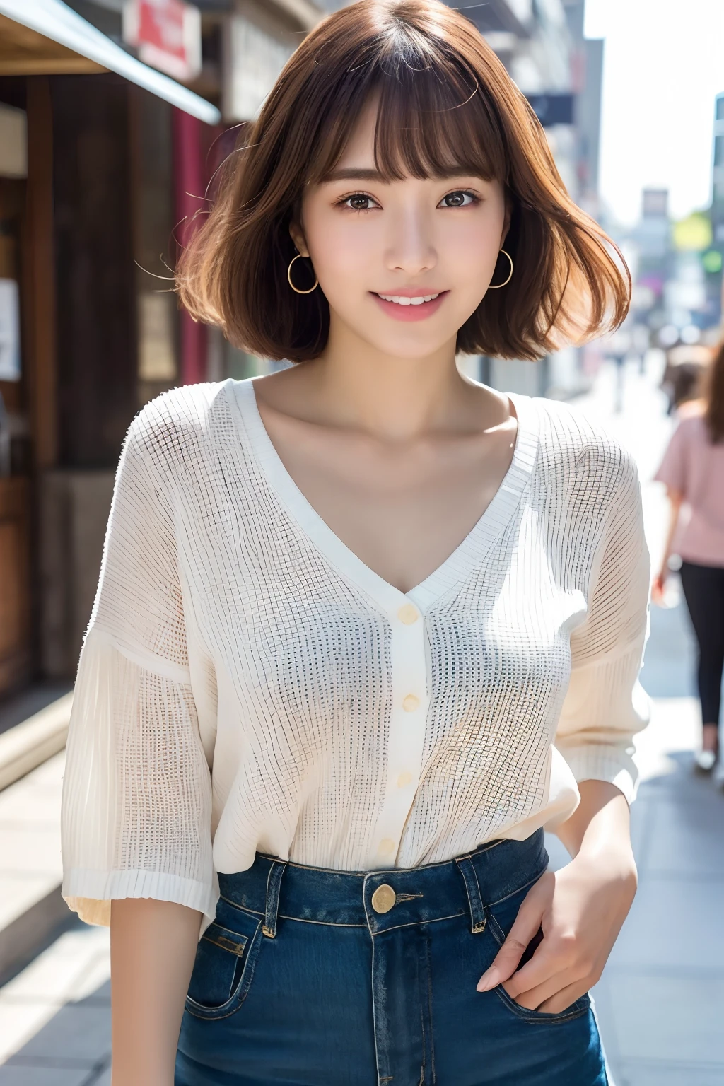 (8k, RAW photos, top quality, masterpiece: 1.2), ultra detailed, super resolution, (real, real photos: 1.37), portraits, high definition RAW color photos, professional photos, very detailed and beautiful, highly detailed, 8k wallpapers, amazing details, huge file size, official art, highly detailed CG Unity 8k wallpapers, highly detailed beautiful girls, highly detailed facesHighly detailed eyes, highly detailed skin, highly detailed fingers, highly detailed nose, highly detailed mouth, perfect anatomy, highly detailed background, highly detailed clothing, one girl, (18:1.2), teen, cute girl, famous Japan idol, cute, realistic body, petite, white skin, radiant skin, slim body, handsome body, brown hair, short curly hair, (blunt bangs: 1.2) , smile, cute, youthful, pretty face, realistic face, delicate eyes, sagging eyes, white shirt, skirt, earrings, camera gaze, cowboy shot, front-facing, standing, contrappost, high street, dynamic lighting,