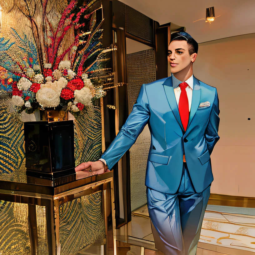 1 handsome man dressed in a cyan suit and red tie standing in front of a table, handsome face with detailed accurate facial features, white skin wearing black office pants, wearing a colorful men's suit, wearing name tag track and field suit, blue gold suit, wearing a fancy jacket, b, doing an elegant pose,