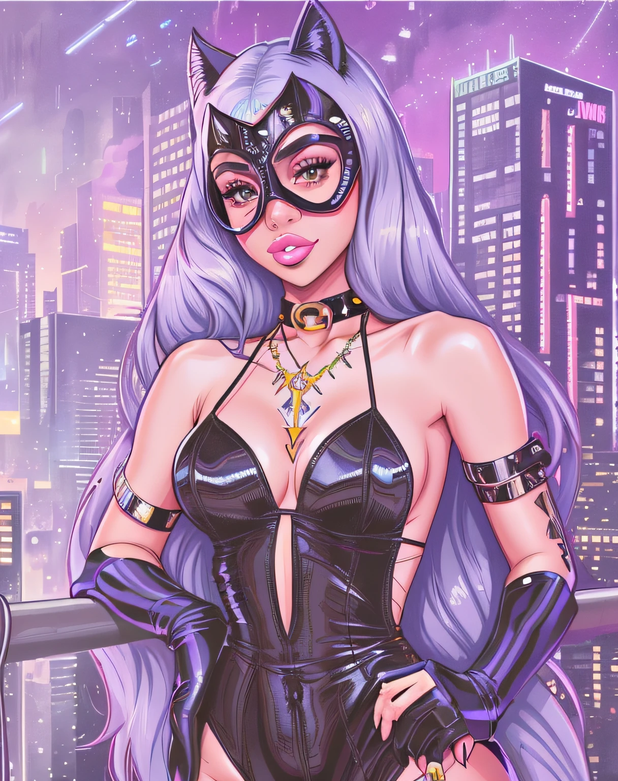 Close-up of a woman wearing a cat mask and dress, Doja cat as Cat Woman, Cat girl, anigirl batman, kylie jenner as catwoman, Attractive cat girl, Cat woman, Catwoman, cat woman, beautiful young catgirl, gotham city style, cyberpunk femme fatale, anime catgirl, beautiful anime catgirl, full body commission for