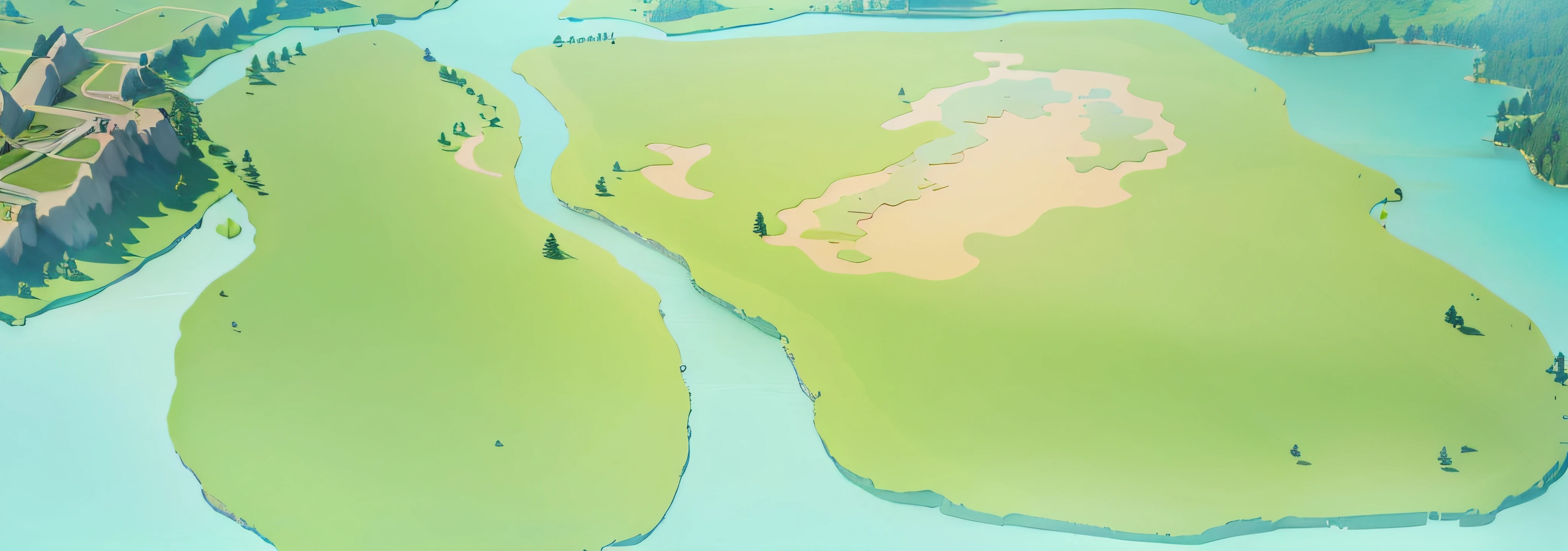 There is a cartoon picture,A river runs through a green field,grassy fields,Game map, Island background, arte de fundo, scattered islands, ,detailed lake in background, arte de fundo, river in the background, Island background, with a river running through it, background artwork, breezy background, Game map, in game graphic,The is very detailed, 8K, Wallpapers,tmasterpiece, Best quality at best, ultra - detailed,