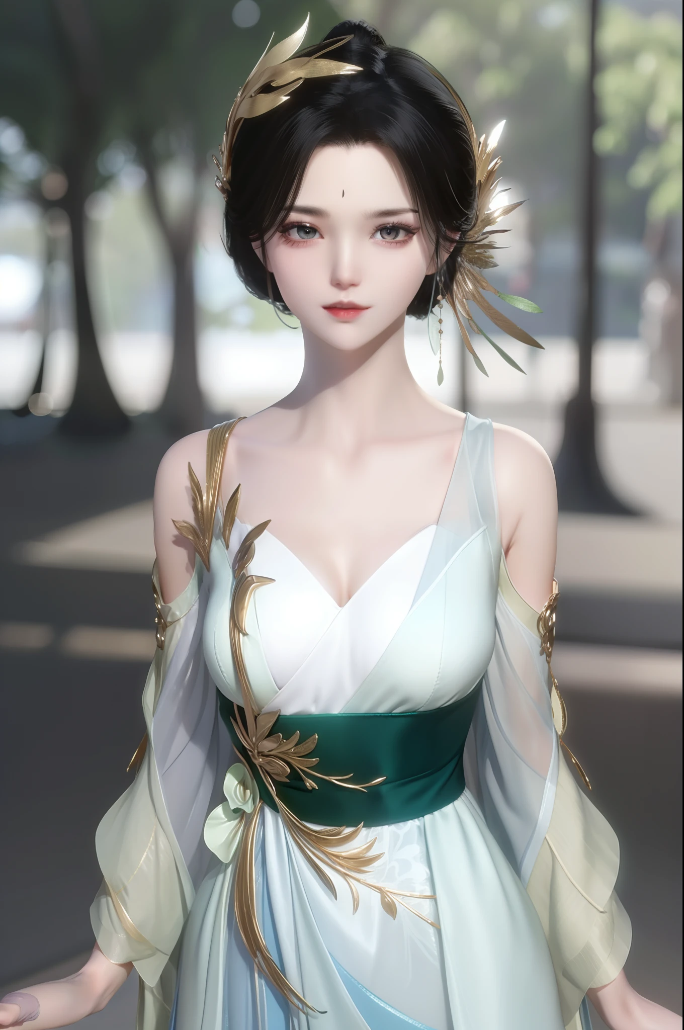 （best qualtiy，tmasterpiece：1.2），超高分辨率，realisticlying，Front lighting，Complicated details，Exquisitedetailsandtextures，（1girll），独奏，The upper part of the body，Green Hanfu，bamboo leaves pattern，Nice big eyes，Green dress，Bamboo leaf decoration，beauitful face，facing to audience，Streamers，gossamer，（年轻），Facial highlights，Detal Face，tear-mole，white skinned，Silvery hair，High ponytail，looking at viewert，largeeyes，（Openwork pattern），耳Nipple Ring，slimfigure，white backgrounid，correct hand，profesional lighting，photon maping，Radio City，physically-based renderingt