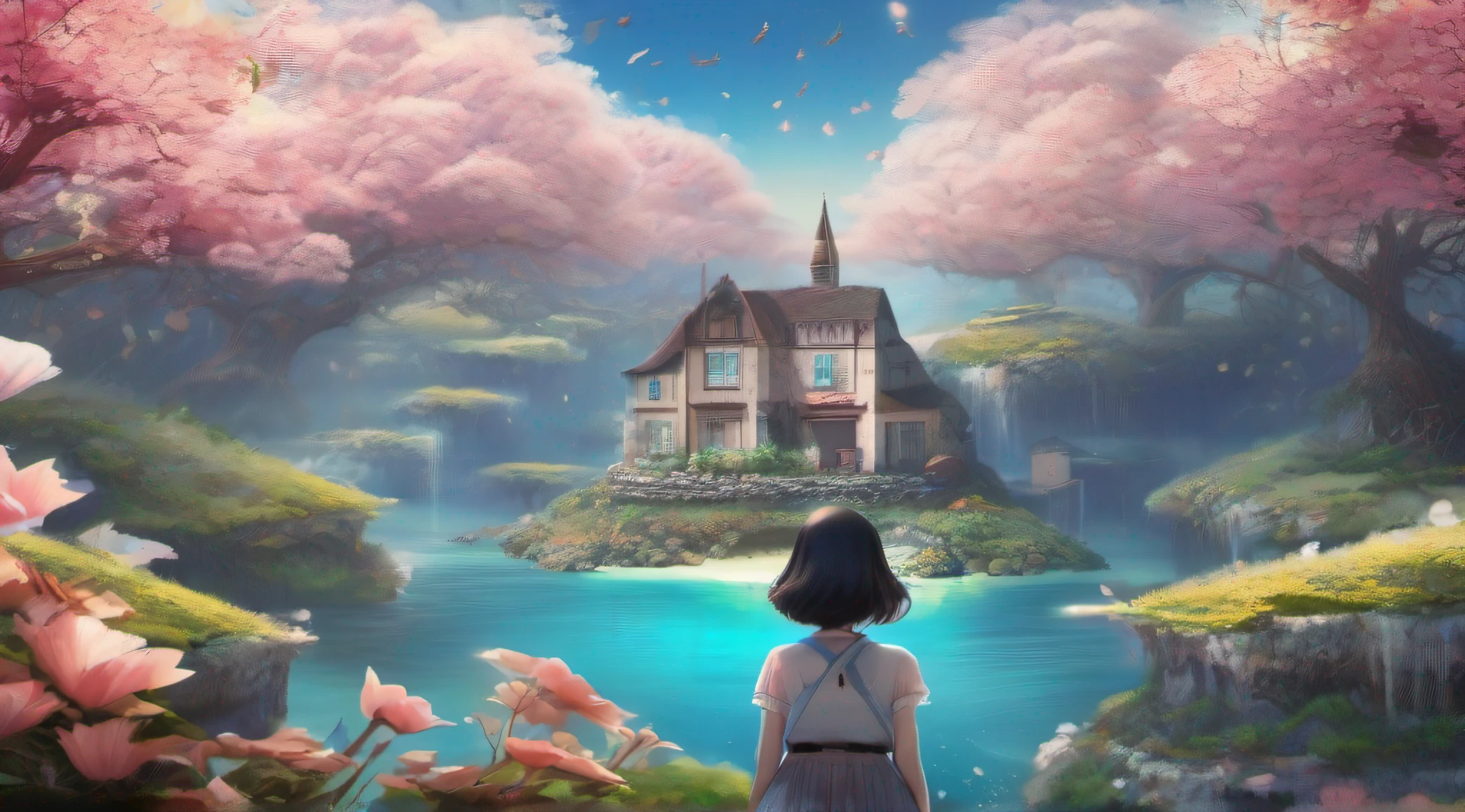 ccurate, best quality, masterpiece, UHD, high details, award winning, (Amazing:1.1), (Surrealism), Conceptual art, Verism, cinematic lighting, panorama, beautiful high school girl, (17 yr old), ((((full body)))), from behind, picking flowers, dance, without looking at me, (((wearing simple school uniform))), black eyes, black hair, (floating hair), ((8 life size)), detailed hairstyles, detailed bodyline, anatomically correct, (((she is lost in a surreal world of dreamlike landscapes))), A floating island in the sky, Quiet village with ruins and colorful houses, shallow sea, Horizon, ((beautiful Blue sea)), blue sky, paradise scenery, flowers, wind flow, (((fantasy))), frontier, (magnificent space),