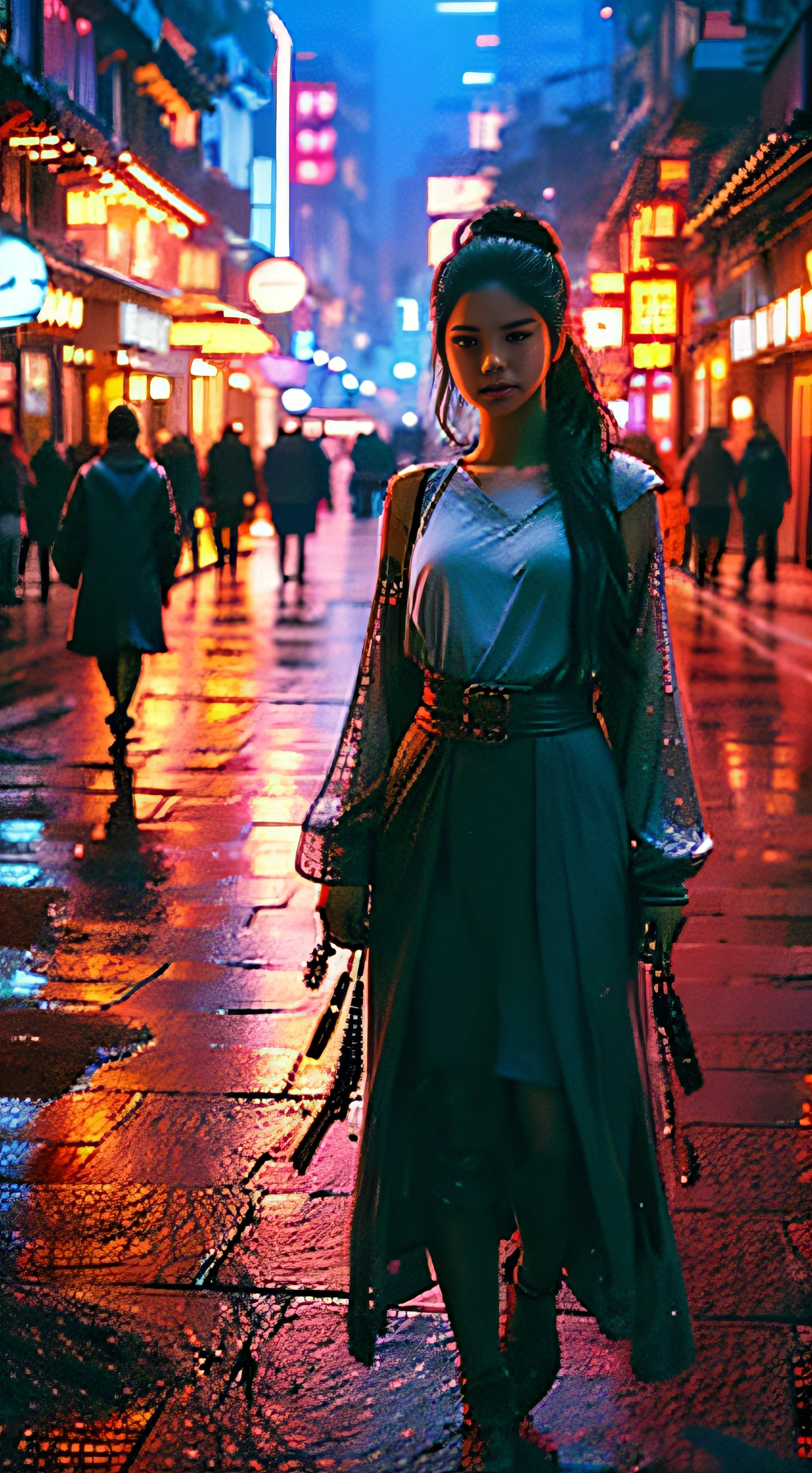 (artistic photograph:1.1),Full body photo,at centre,(The is very detailed:1.2),(Intricate neon slums in the background:1.1),ultra - detailed,(softlighting:1.2),A high resolution,cinematic grain,1girl
