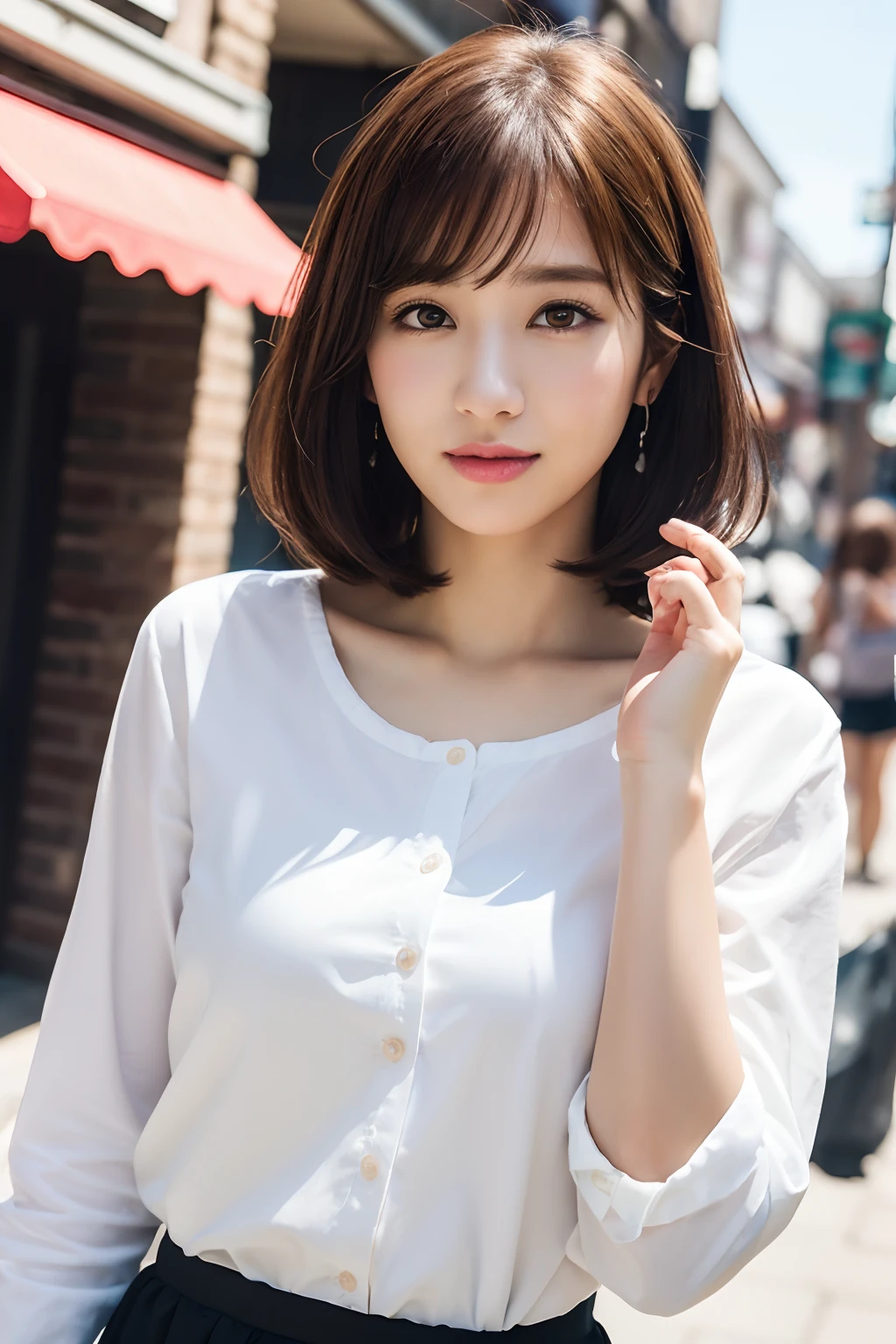 (8k, RAW photos, top quality, masterpiece: 1.2), ultra detailed, super resolution, (real, real photos: 1.37), portraits, high definition RAW color photos, professional photos, very detailed and beautiful, highly detailed, 8k wallpapers, amazing details, huge file size, official art, highly detailed CG Unity 8k wallpapers, highly detailed beautiful girls, highly detailed facesHighly detailed eyes, highly detailed skin, highly detailed fingers, highly detailed nose, highly detailed mouth, perfect anatomy, highly detailed background, highly detailed clothing, one girl, (18:1.2), teen, cute girl, famous Japan idol, cute, realistic body, petite, white skin, radiant skin, slim body, handsome body, brown hair, short curly hair, (blunt bangs: 1.2) , smile, cute, youthful, pretty face, realistic face, delicate eyes, sagging eyes, white shirt, skirt, earrings, camera gaze, cowboy shot, front-facing, standing, contrappost, high street, dynamic lighting,