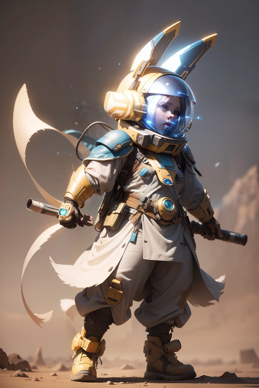 a vibrant cinematic full body photo of a female adventure in the jungle, octane render, high quality ultra future blue an gold space combat visor up, alien planet background