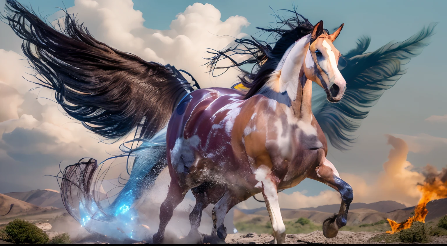 8 horses，Ultra-grand scenes，super wide shot，1#cavalos，2#cavalos，3#cavalos，4#cavalos，5#cavalos，6#cavalos，7#cavalos，8#cavalos。Extremely special and rare eight horses surround each other，Gallop across the steppe like a clock。The vast plains of the epic scene are rich in aquatic plants，In the distance is the snow-capped summit of Mount Everest，Snow creek flows into the sea，At the other end is the magnificent giant city，The horse team entered and exited from the city gate。
The Lightcast Pegasus from the Supreme Heaven has a rainbow aperture from the Supreme Heaven，She rides between light and pure，No additional ornaments are needed to highlight her dignity and holiness，Even the sky showed her a clear sky，She has a deep enmity with the nightmare heavy ride from hell，The two never put their heads next to each other，Surrounded by sulphurous flames, the Hellmare Heavy Ride makes every time a horse's hooves fall, stepping flat grass out of the lava from the ground，The sky in the steppe is brighter，It makes the earth deeper。
The wind wings of the wind elf horse let its position be erratic，She always couldn't help but tease the mechanical horse with a cyan aperture，The mechanical horse is full of mecha beauty，The shoulder back position always reveals delicate mechanical fittings，Four kicks with a hydraulic pump and electromagnetic ejection device。
Unicorns want to steal all horses from their pure and flawless beauty，But on the side, the fairy dragon horse is comparing with it，Their unique elven-patterned armor and colorful saddles make them the most stylish horses。
The female knight is charging on her knightly warhorse，Her lofty ideals made her will unstoppable，There is no doubt that she is the protagonist of this picture。There is also a horse from unknown territory mixed in，It has a weird style and chaotic colors that are almost unimaginable，This gives the whole picture an extremely dangerous uncertainty，The slightest mistake can disrupt the whole picture。
Use the Latent couple