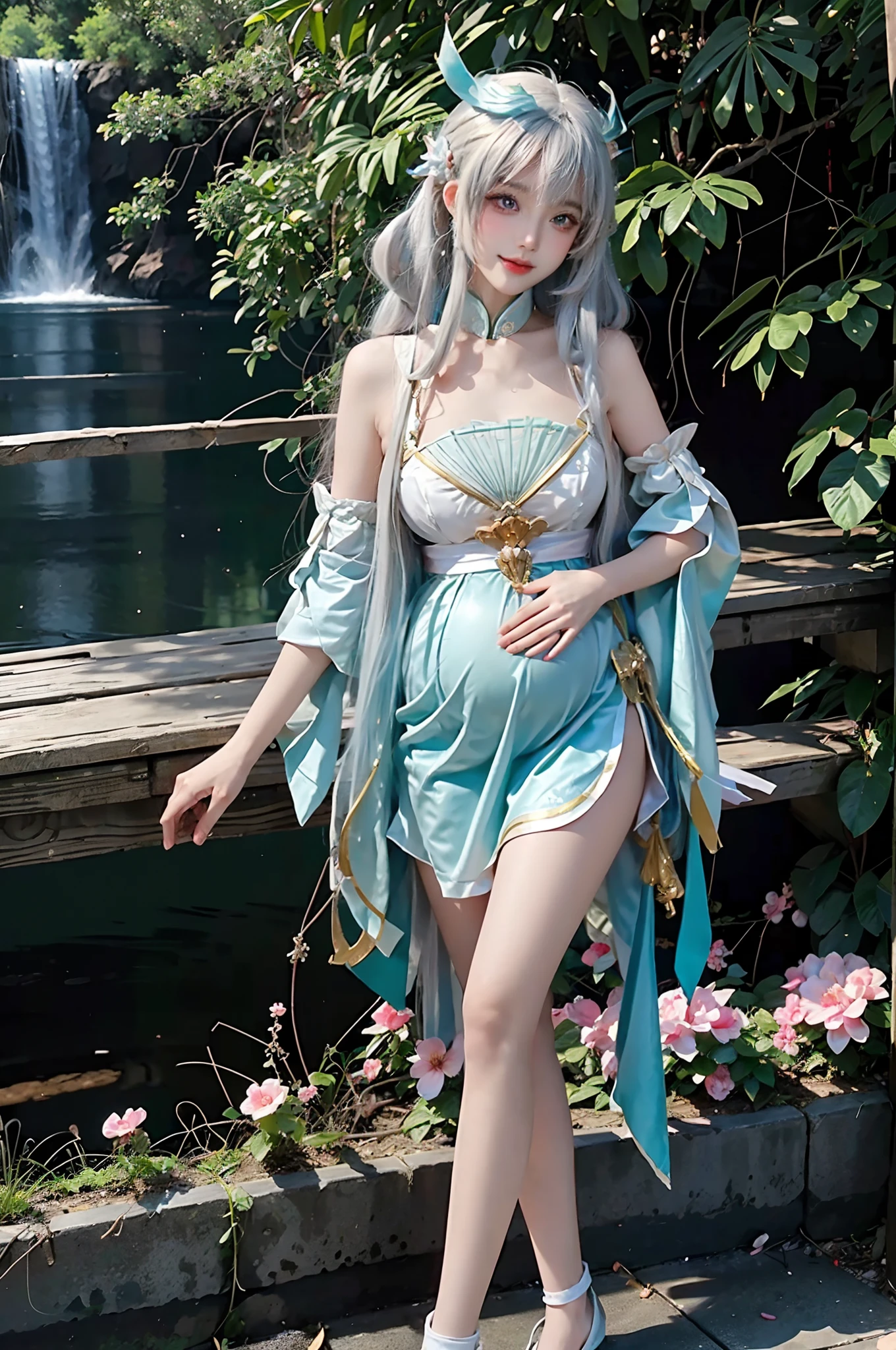 Medium view, Girl focus, A girl,full body shot of, From outside the camera, Red eyes, Engrave the picture section in detail, Delicate and beautiful face, Exotic, Mysterious Forest, High detail red eye, Wind, The wind blows hair, windward, High detail hair,vellus hair,  Epic, Masterpiece,Golden hair,(Short skirt: 1.5),（Smile）,(Best Illustration), (Best shadows), ,feet101, (standing: 1.5),Clean, Masterpiece, finedetail, Masterpiece, Ultra detailed, high resolution, (Original photo , Best quality), (Realistic, Photorealistic: 1.3)Pregnant belly,Big belly,pregnant,a navel,has cleavage,Blurry,Yao,Japanese clothes,Yae Miko,Kamiasto ayaka,shenhe \(Genshin Impact\),yoimiya \(Genshin Impact\),Mona_tpa,Yula (Genshin Impact),1girll,Hairband inline view, Girl focus, A girl,full body shot of, From outside the camera, Red eyes, Engrave the picture section in detail, Delicate and beautiful face, Exotic, Mysterious Forest, High detail red eye, Wind, The wind blows hair, windward, High detail hair,vellus hair,  Epic, Masterpiece,Golden hair,(Short skirt: 1.5),（Smile）,(Best Illustration), (Best shadows), ,feet101, (standing: 1.5),Clean, Masterpiece, finedetail, Masterpiece, Ultra detailed, high resolution, (Original photo , Best quality), (Realistic, Photorealistic: 1.3)Pregnant belly,Big belly,pregnant,a navel,has cleavage,Blurry,Yao,Japanese clothes,Yae Miko,Kamiasto ayaka,shenhe \(Genshin Impact\),yoimiya \(Genshin Impact\),Mona_tpa,Yula (Genshin Impact),1girll,shairband，Big belly pregnant belly