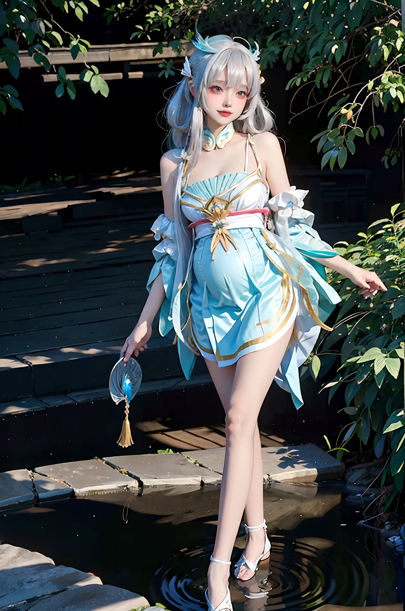 Medium view, Girl focus, A girl,full body shot of, From outside the camera, Red eyes, Engrave the picture section in detail, Delicate and beautiful face, Exotic, Mysterious Forest, High detail red eye, Wind, The wind blows hair, windward, High detail hair,vellus hair,  Epic, Masterpiece,Golden hair,(Short skirt: 1.5),（Smile）,(Best Illustration), (Best shadows), ,feet101, (standing: 1.5),Clean, Masterpiece, finedetail, Masterpiece, Ultra detailed, high resolution, (Original photo , Best quality), (Realistic, Photorealistic: 1.3)Pregnant belly,Big belly,pregnant,a navel,has cleavage,Blurry,Yao,Japanese clothes,Yae Miko,Kamiasto ayaka,shenhe \(Genshin Impact\),yoimiya \(Genshin Impact\),Mona_tpa,Yula (Genshin Impact),1girll,Hairband inline view, Girl focus, A girl,full body shot of, From outside the camera, Red eyes, Engrave the picture section in detail, Delicate and beautiful face, Exotic, Mysterious Forest, High detail red eye, Wind, The wind blows hair, windward, High detail hair,vellus hair,  Epic, Masterpiece,Golden hair,(Short skirt: 1.5),（Smile）,(Best Illustration), (Best shadows), ,feet101, (standing: 1.5),Clean, Masterpiece, finedetail, Masterpiece, Ultra detailed, high resolution, (Original photo , Best quality), (Realistic, Photorealistic: 1.3)Pregnant belly,Big belly,pregnant,a navel,has cleavage,Blurry,Yao,Japanese clothes,Yae Miko,Kamiasto ayaka,shenhe \(Genshin Impact\),yoimiya \(Genshin Impact\),Mona_tpa,Yula (Genshin Impact),1girll,shairband，Big belly pregnant belly
