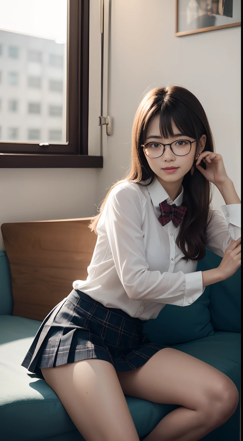 （in 8K、Raw photography、top-quality、​masterpiece：1.2),watching at viewers,Looking at the front,Tie a side ponytail、Hang your hair on your chest.,Bullish,Muchimuchi,Erotic,Pupils,Light Blue Bra,de pele branca,kne,absurderes,a small face,small tits,flat breast,Parting the bangs from the middle、Forehead visible,(A smile,Tight eyes,skinny,Rasping)、​masterpiece,top-quality、超A high resolution,Raw photo,ren,Beautiful fece,One Person, 独奏,eye glass,,Dark look,Small breasts,fullllbody,Round glasses、cute little、Back to Student,JK school uniform,hi-school girl,Korean Idol,is standing,（Photorealsitic：1.37）、Photon mapping,Realistic、Cute little face,Brown-eyed、Black socks、(Red bow tie)、Radio City、Physically Based Rendering、Foreground、depth of fields、Blurry background、a picture,The girls、Body,beauty legs, Long legs, Thin leg,Tie your hair into one strand on your chest,(Bangs are visible), hair, s lips, Blue_The eye, nosesoft,(Light blue shirt), (Plaid pleated skirt), Knees are visible,Sheer clothing,, Thigh, Black cotton socks,Nogizaka Idol, 女優, sit down and open legs、Exposed underwear