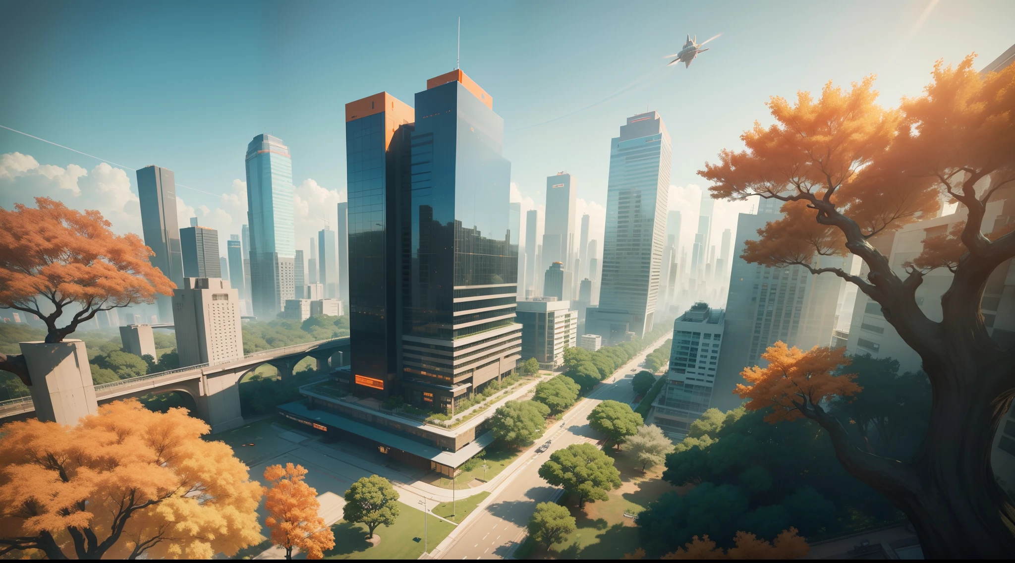 Aerial view of Genshin style，Tech City，Clear sky color, Crystal clear, Some orange plants and green trees, Wide-angle lens, Marvelous skyline, Many fast-flying cars, Giant planet background, Unreal Engine 5