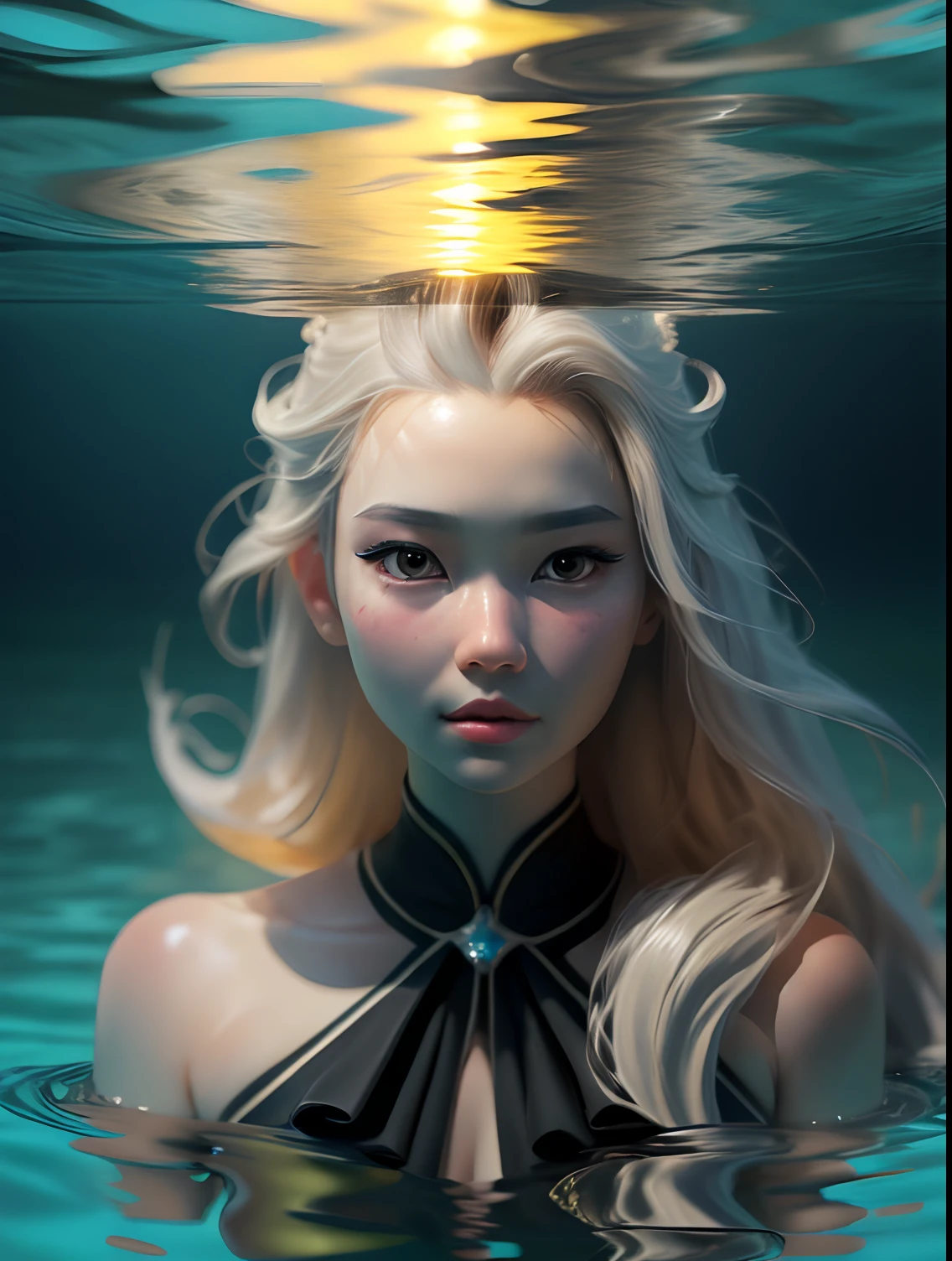 Surrealist portraits of women by Xiao Zhan and Yang Zi，Fantasyart，photographrealistic，动态照明，artstation，poster for，Volumetriclighting，Very detailed faces，4 k，under the water，1girl，in the darkness nigth，deep shading，Sunken，Costume photos,(formal outfit:1.4),long whitr hair,whaite hair,