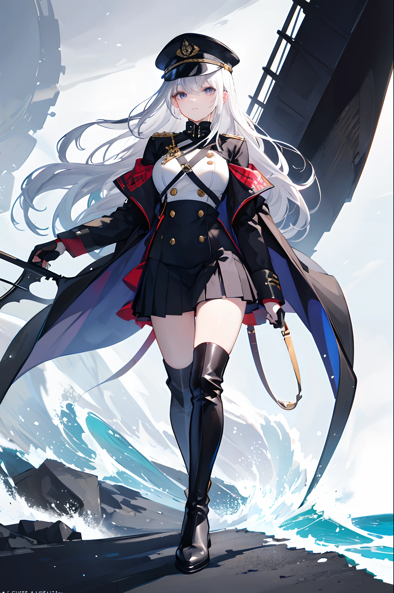 solo person,Full body like，long  white hair，Purple pupils，Meticulous hands，black over-the-knee socks，black long boots，black long boots，black long boots，Loose boots，a black pleated skirt，pleatedskirt，a matural female，Mature face，Delicate face，Eyes resolute，Black navy uniform，There are gold striped trims on the cuffs，White navy cap，mature，Slender thighs，Slender thighs，slim toned body，Slender figure，heroic look，Matte leather texture boots，Stand on a warship，Vast sea，Mare,outstanding，extreme hight detail，Excellent light and shadow，A masterpiece，Make no mistake