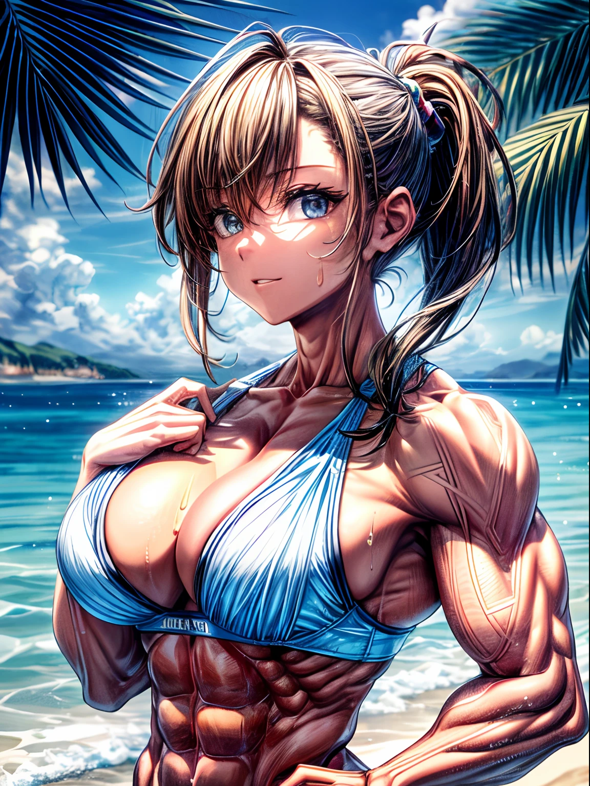 (BEST lighting) , (ultra intricately detailed) , 4K unification, (super-detailed CG: 1.2) , (8K: 1.2),(Original), (Masterpiece) , (Best quality),(Masterpiece:1.4),Anime-ish high quality,(Masterpiece),Masterpiece, Best quality, absurderes,((masterpeace, 4K, 8K, Yes, A high resolution))1girll, She was on the beach,Go to the beach, Swimsuit bra, Spring, , Perfect figure, Very robust,short yellow asymmetrical hair, Sweat, Dynamic pose, ((body builder:1.5)),Temple background,(Beautiful bace),(Girl),(Female),(((Upper body:1)))