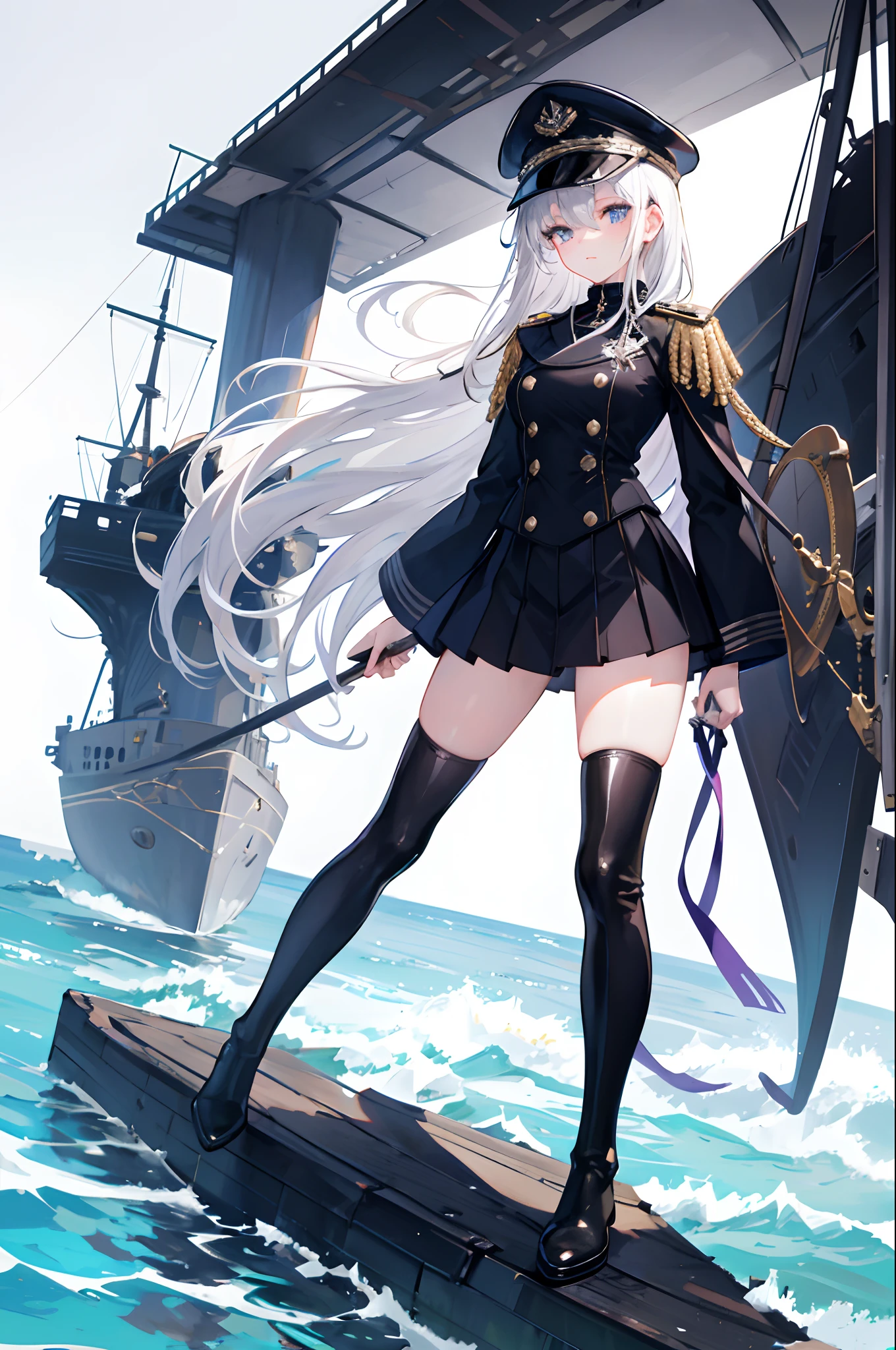 solo person,Full body like,long white hair,Purple pupils,Meticulous hands,black over-the-knee socks,black long boots,black long boots,black long boots,Loose boots,a black pleated skirt,pleatedskirt,a matural female,Mature face,Delicate face,Eyes resolute,Black navy uniform,There are gold striped trims on the cuffs,White navy cap,mature,Slender thighs,Slender thighs,slim toned body,Slender figure,heroic look,Matte leather texture boots,Stand on a warship,Vast sea,Mare,outstanding,extreme hight detail,Excellent light and shadow,A masterpiece,Make no mistake