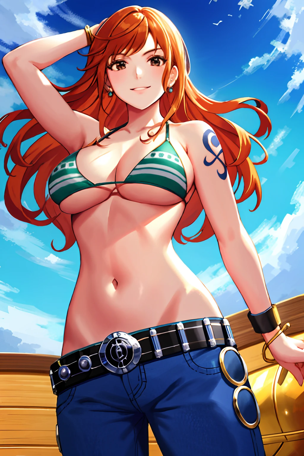 detailed background, masterpiece, best quality, 1girl, solo, nami \(one piece\), 1girl, bangle, detailed arms, muscular body, wrestling entrance, bangs, bare shoulders, belt, bikini, bikini top only, blue sky, bracelet, breasts, brown eyes, bubble, cleavage, cloud, cowboy shot, day, denim, earrings, floating hair, green belt, green bikini, groin, jeans, jewelry, large breasts, log pose, long hair, looking at viewer, navel, orange hair, pants, shoulder tattoo, sidelocks, sky, smile, solo, standing, stomach, swimsuit, tattoo , looking at viewer, fight pose
