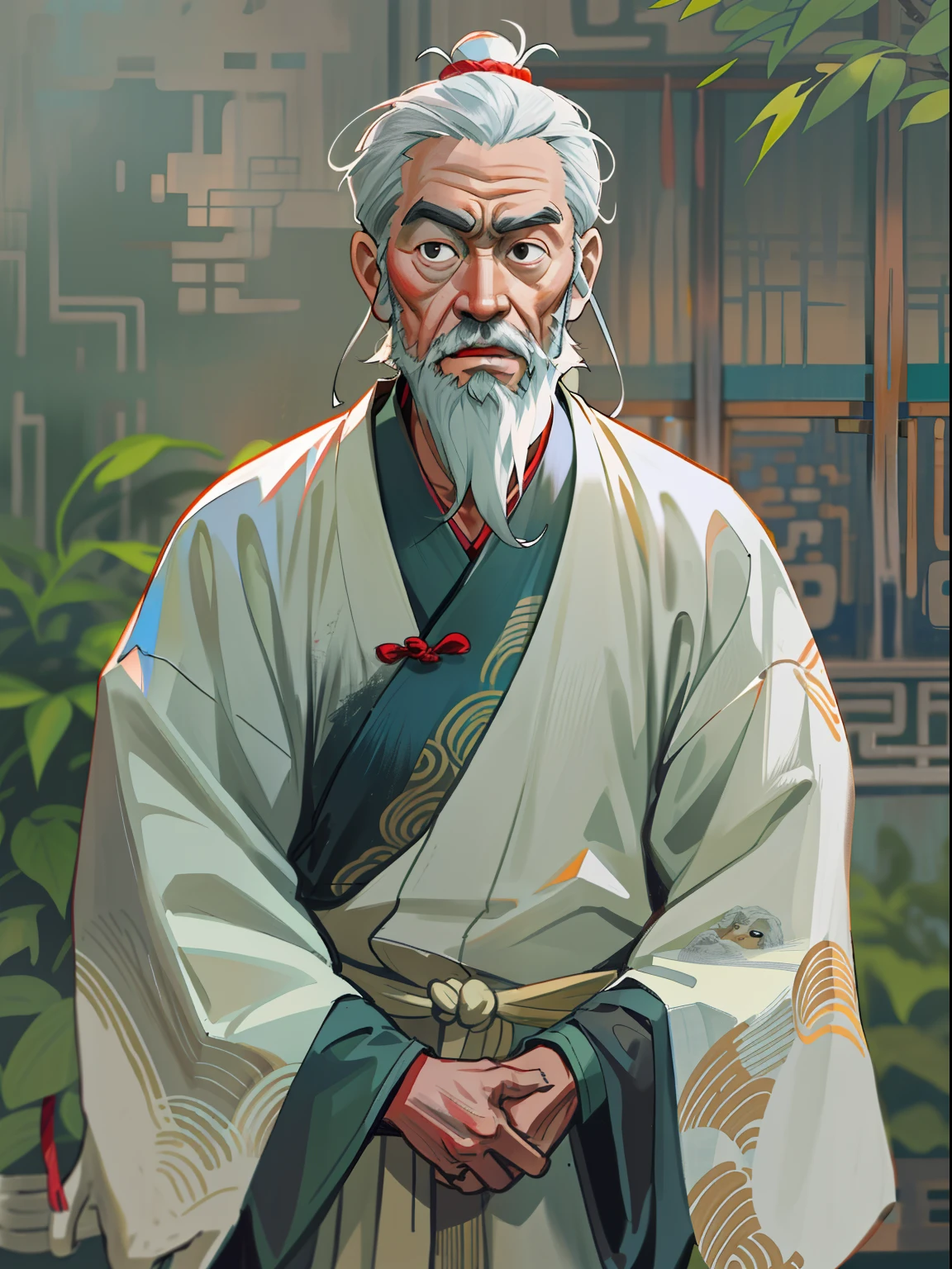 Chinese Ancient Times, An old man, Asian people，gray hair and beard, Black eyes，Thin body, Weakness of the body，standing on your feet, The background is a prison，Look at the camera with determined eyes, dressed white hanfu, There is no pattern，China-style, first person perspective, Masterpiece, ccurate, Anatomically correct, Super detail