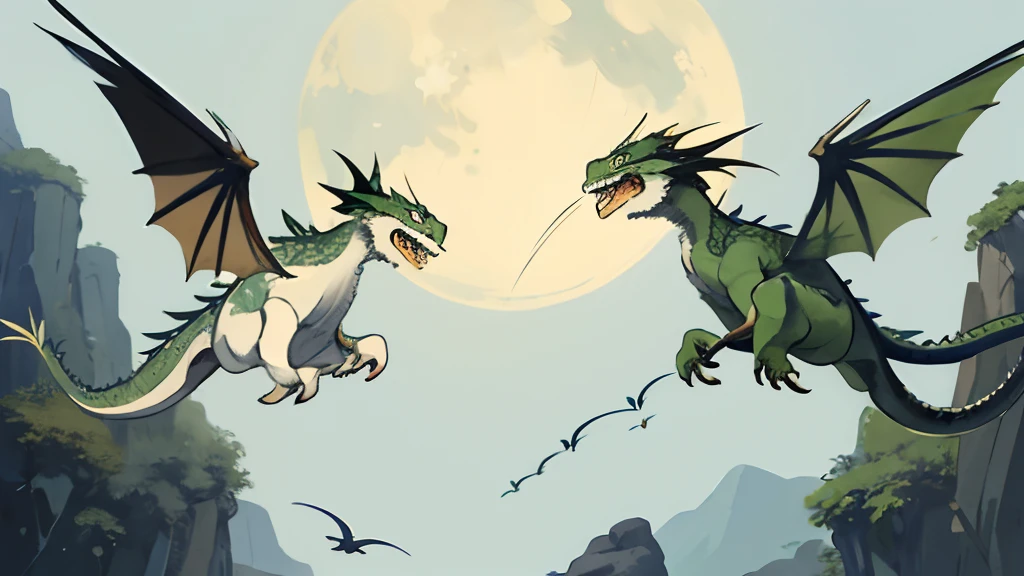 hoang lap,High- sharpness,ultra - detailed,handpainted,Simple lines,Two green dragons flew in the air,A sun,a moon,small stream,Deadwood