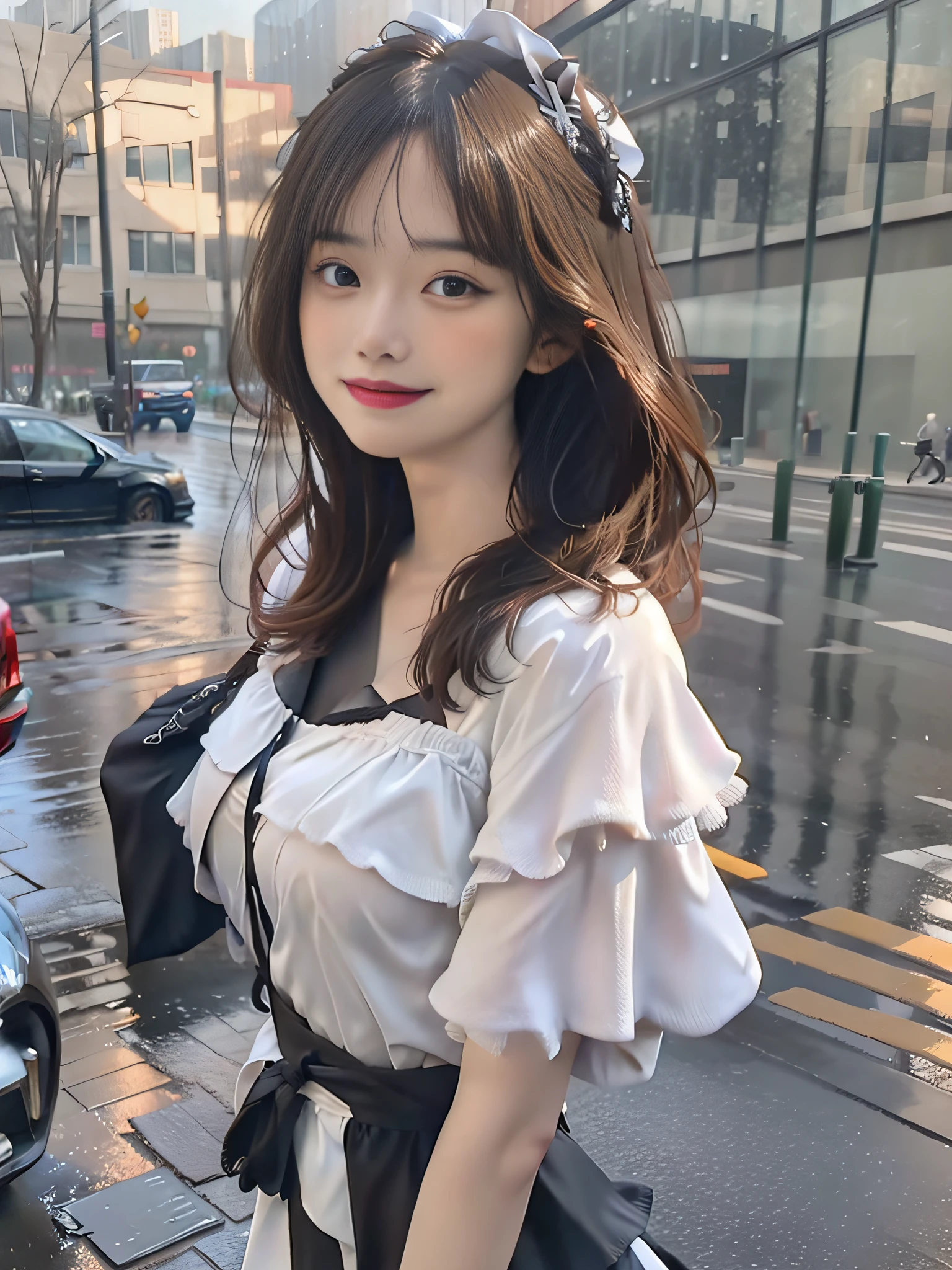 ((Best Quality, 8K, Masterpiece:1.3)), Focus: 1.2, Perfect Body Beauty: 1.4, Buttocks: 1.2, ((Layered Haircut, Breasts: 1.2)), (Wet Clothes: 1.1), (Rain, Street:1.3), Bandeau Dress: 1.1, Highly Detailed Face and Skin Texture, Fine Eyes, Double Eyelids, Whitening Skin, Long Hair, (Shut Up: 1.3), Smile