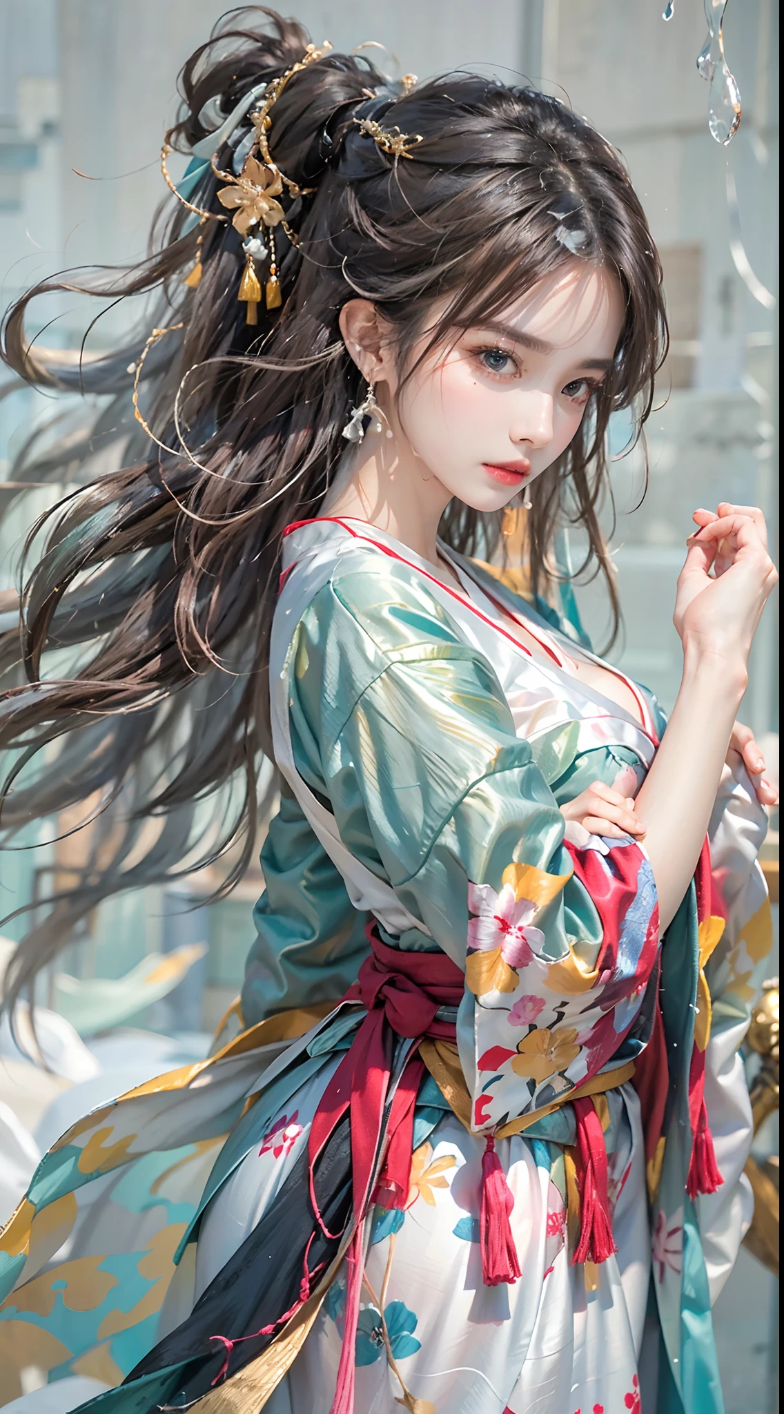 photorealistic, high resolution, colorful, color splash, splash, 1 girl, solo, hips up, beautiful eyes, long hair, medium breast, intricate brocade hanfu, gorgeous accessories, wearing pearl earrings